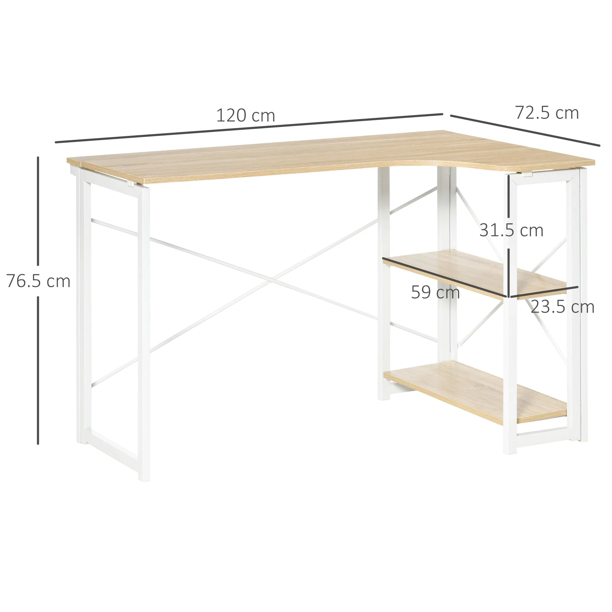 Homcom L-Shaped Desk Corner Computer Desk Folding Home Office Desk Study Table With 2 Shelves Oak Tone - Image 3