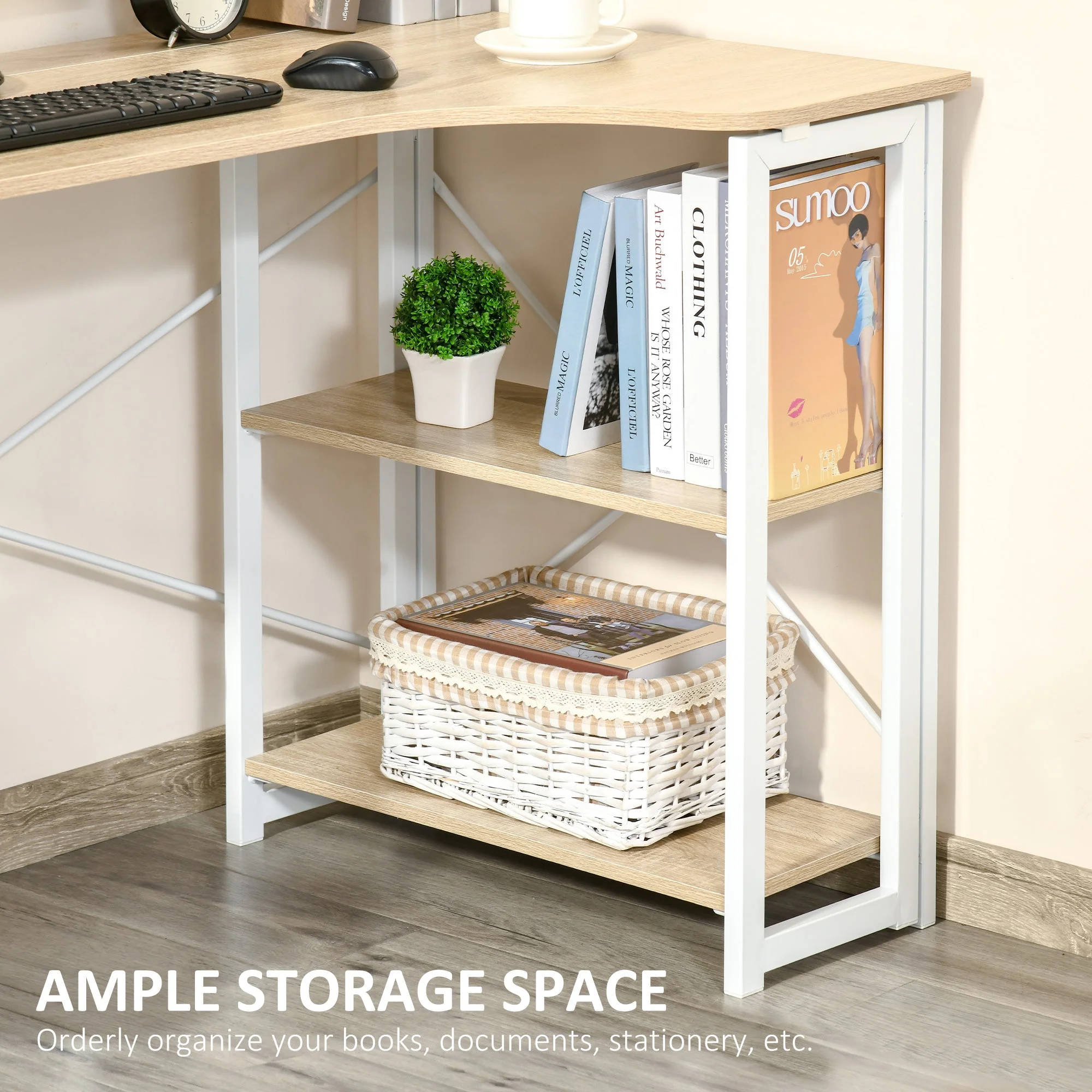 Homcom L-Shaped Desk Corner Computer Desk Folding Home Office Desk Study Table With 2 Shelves Oak Tone - Image 6