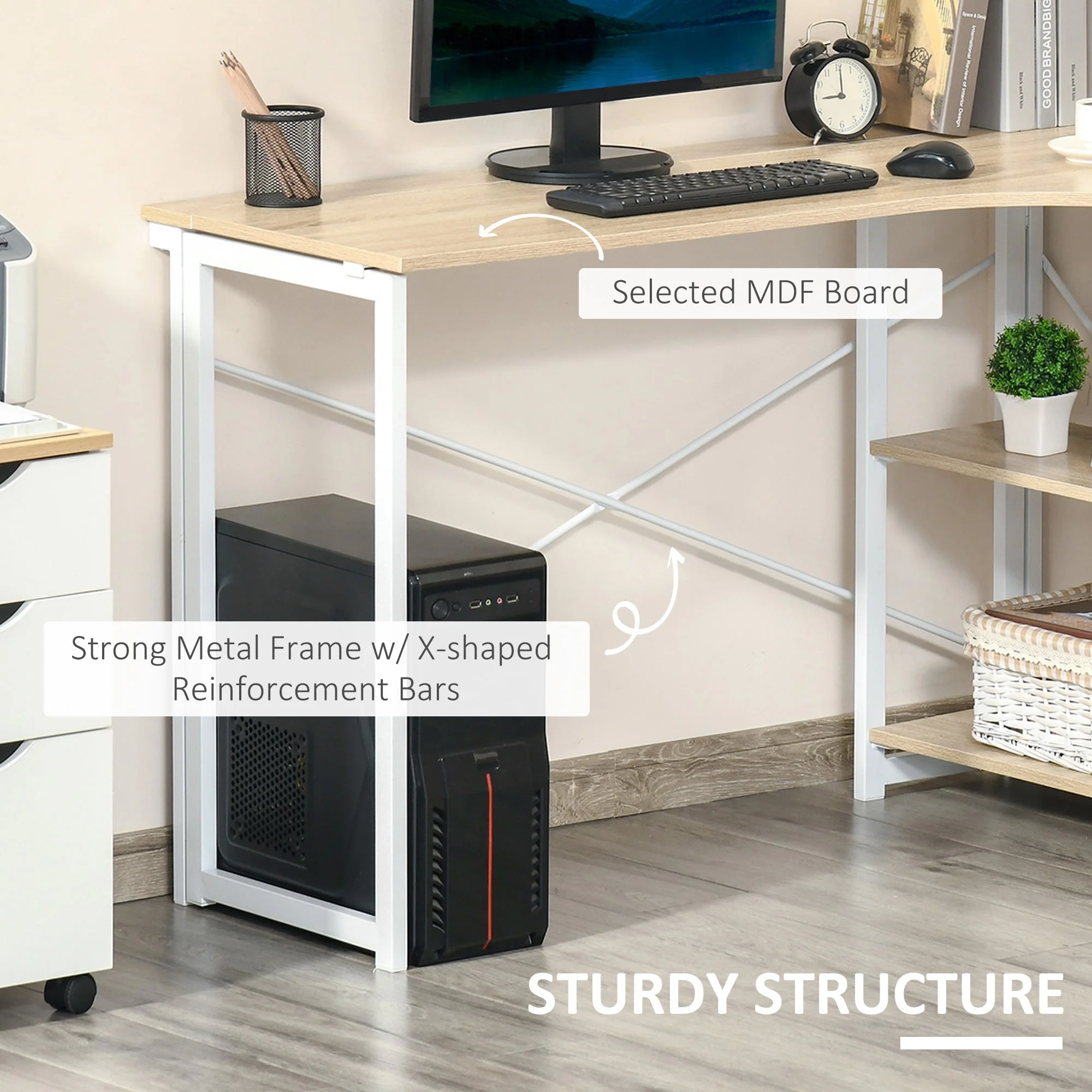 Homcom L-Shaped Desk Corner Computer Desk Folding Home Office Desk Study Table With 2 Shelves Oak Tone - Image 7