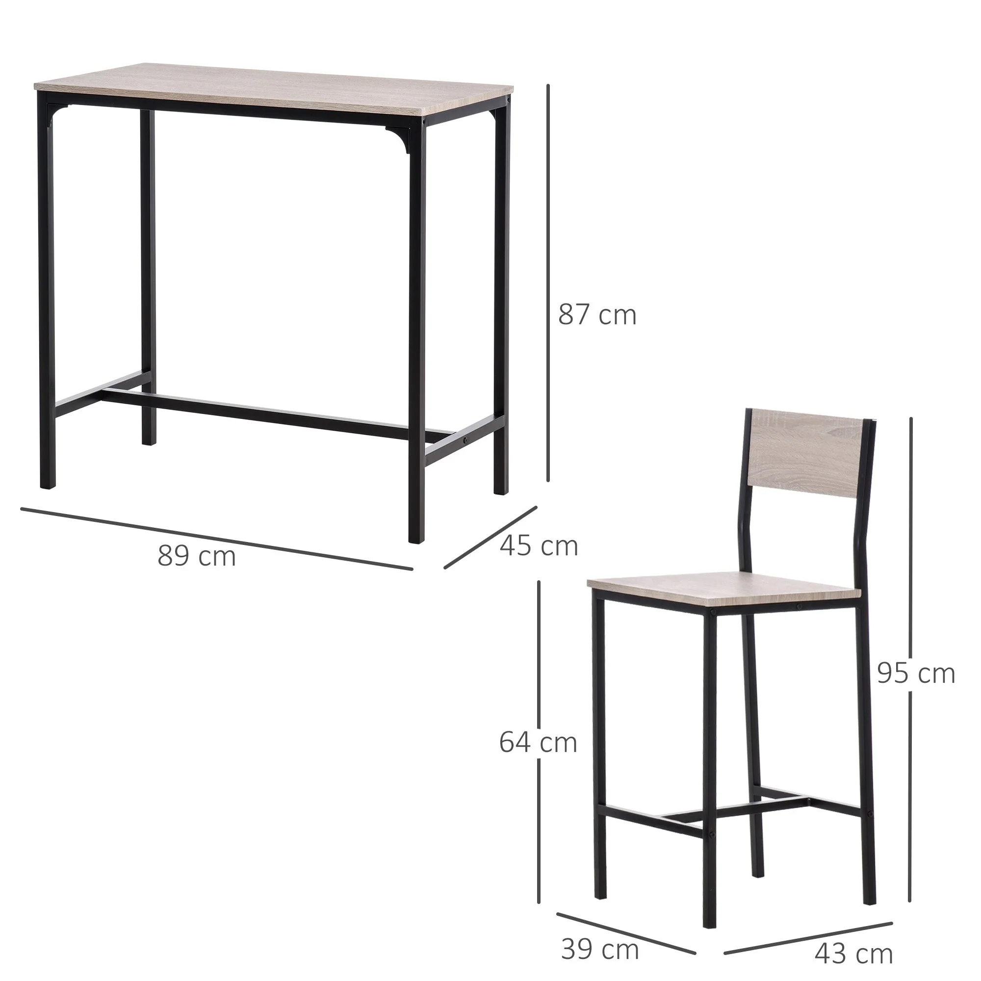 Homcom Metal Frame Medium-density fibreboard Top Table & Bar Stool Set Black - Image 3