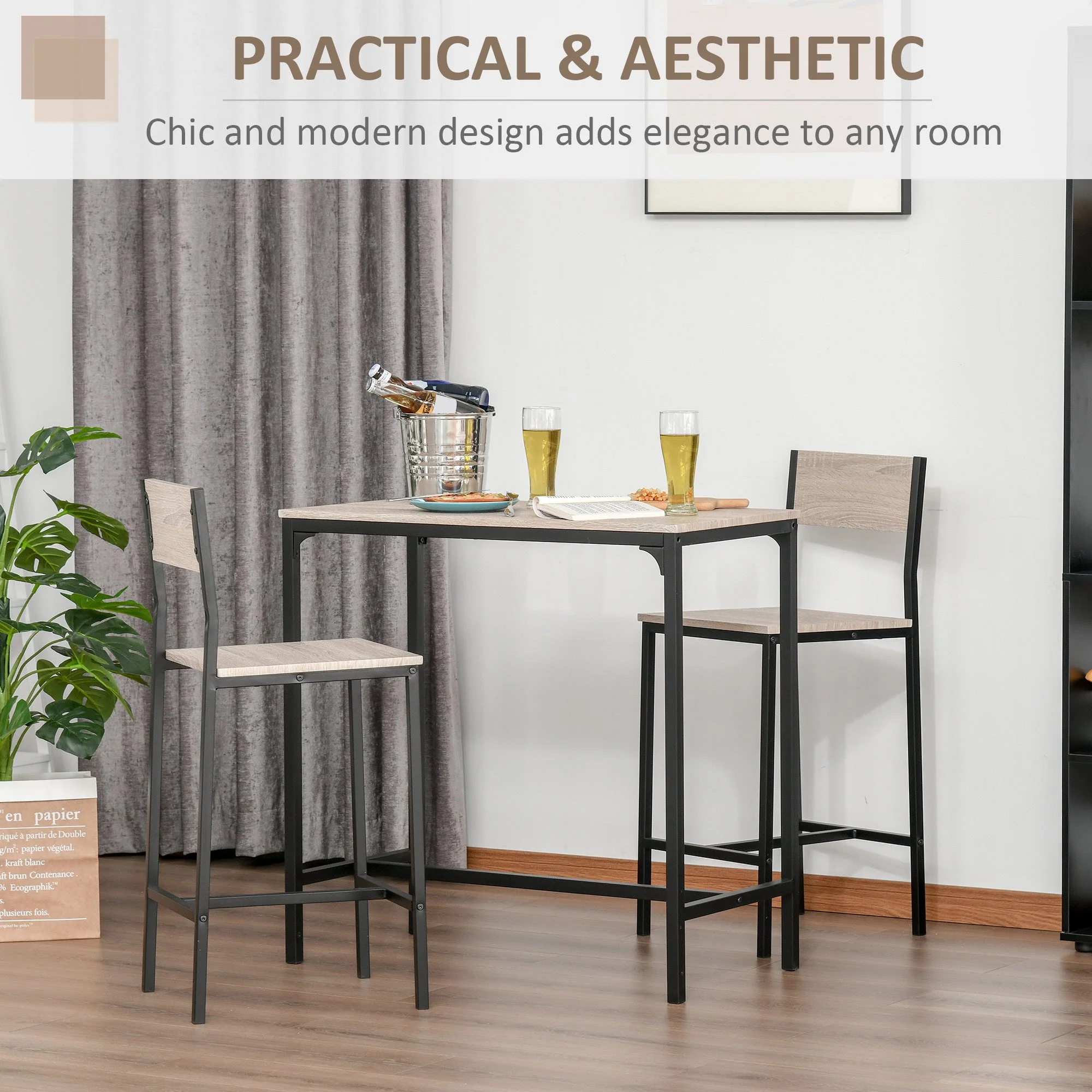 Homcom Metal Frame Medium-density fibreboard Top Table & Bar Stool Set Black - Image 4