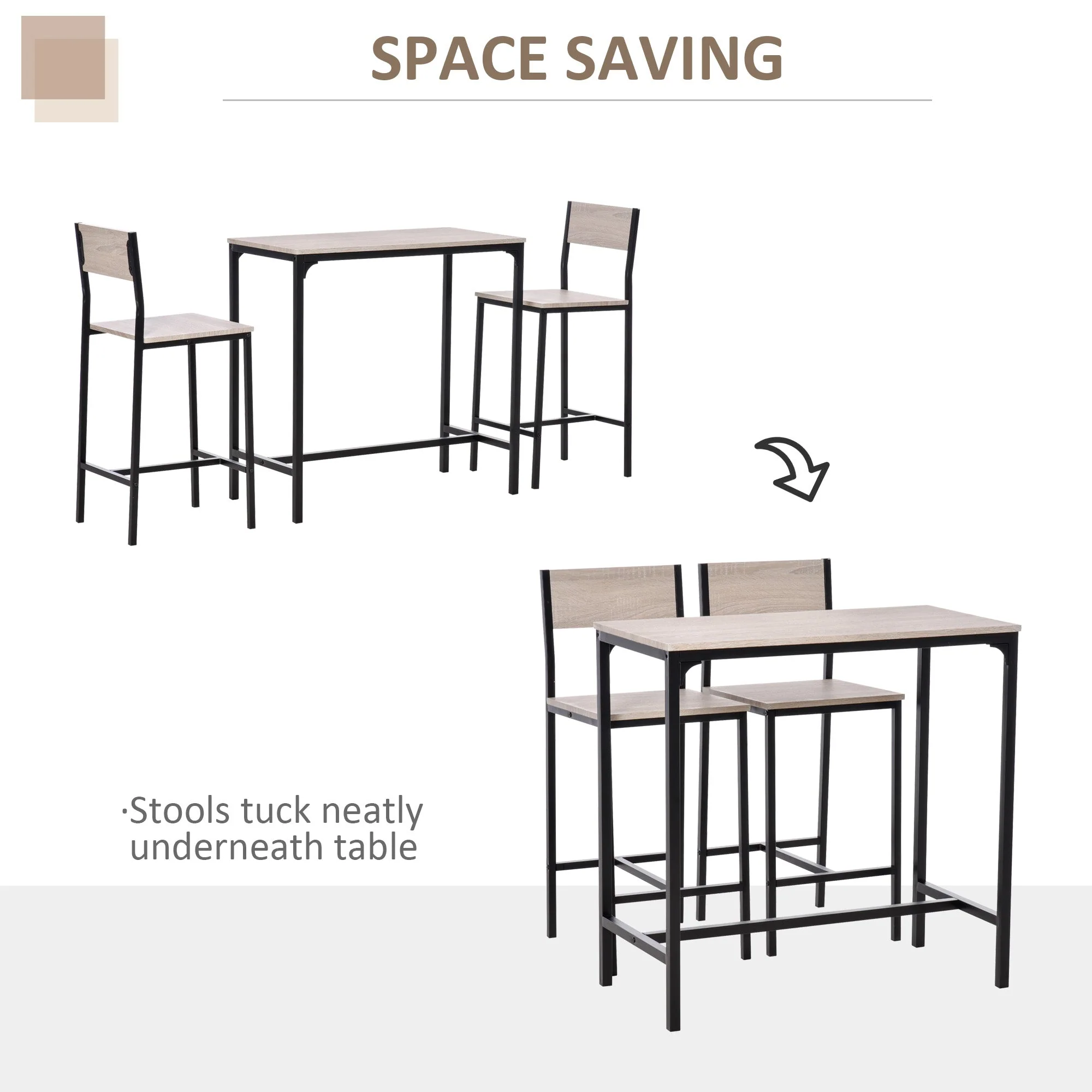 Homcom Metal Frame Medium-density fibreboard Top Table & Bar Stool Set Black - Image 5