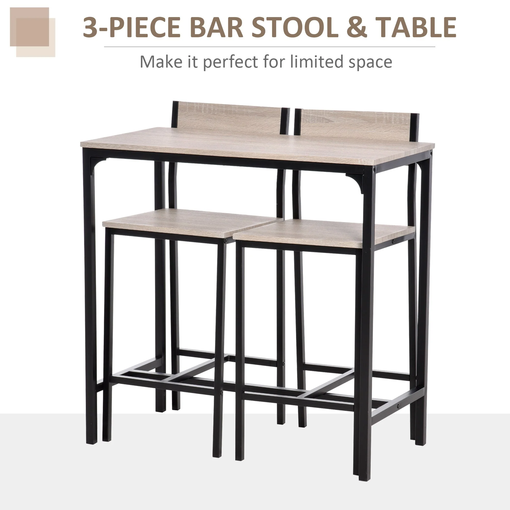 Homcom Metal Frame Medium-density fibreboard Top Table & Bar Stool Set Black - Image 6
