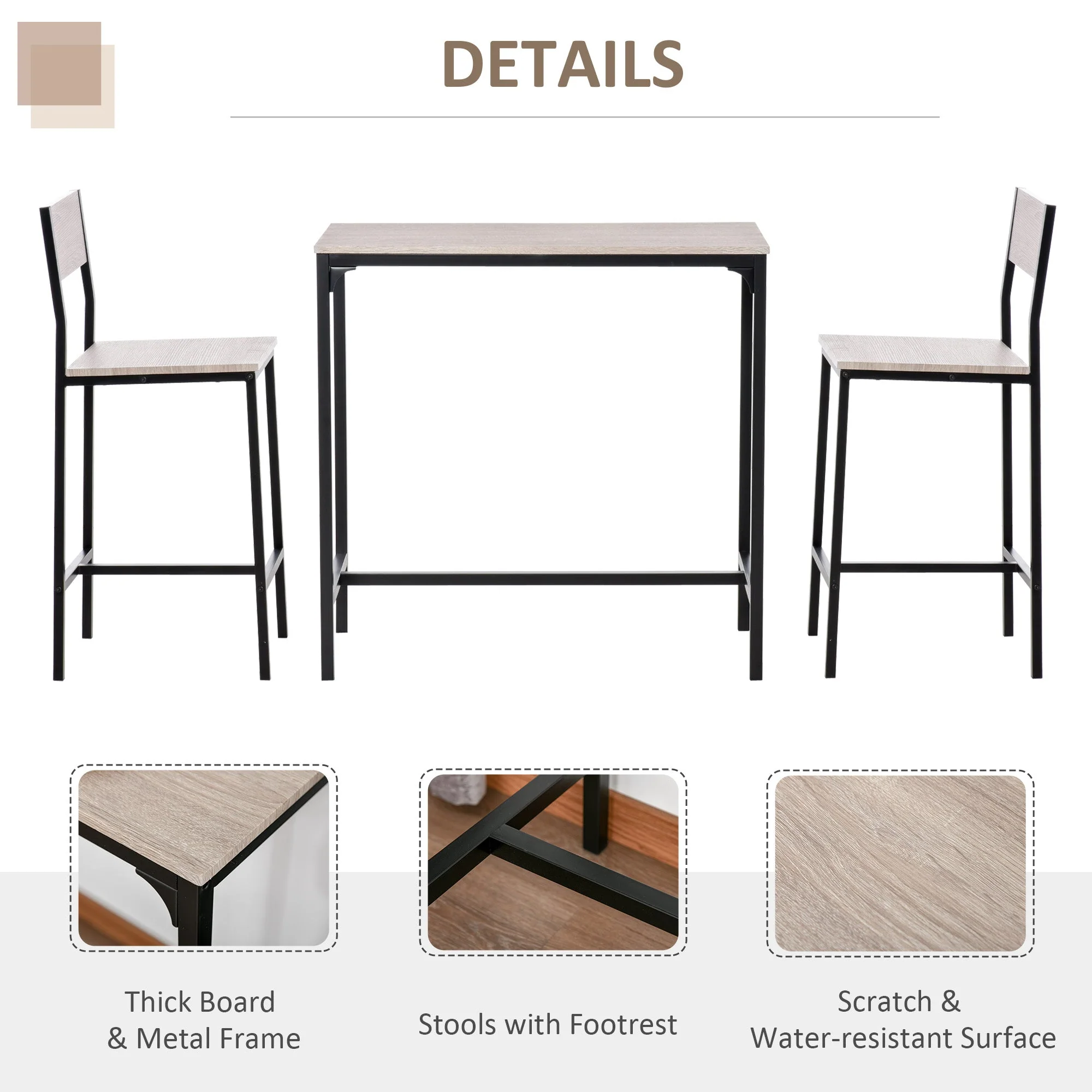 Homcom Metal Frame Medium-density fibreboard Top Table & Bar Stool Set Black - Image 7