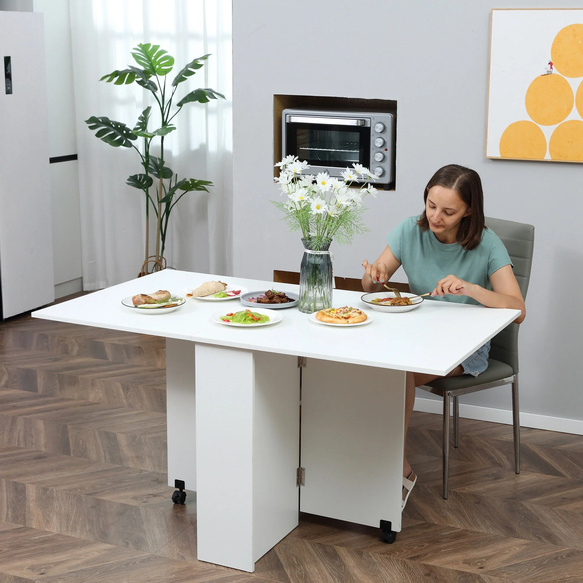 Homcom Mobile Drop Leaf Dining Kitchen Table Folding Desk For Small Spaces With 2 Wheels & 2 Storage Shelves White - Image 2