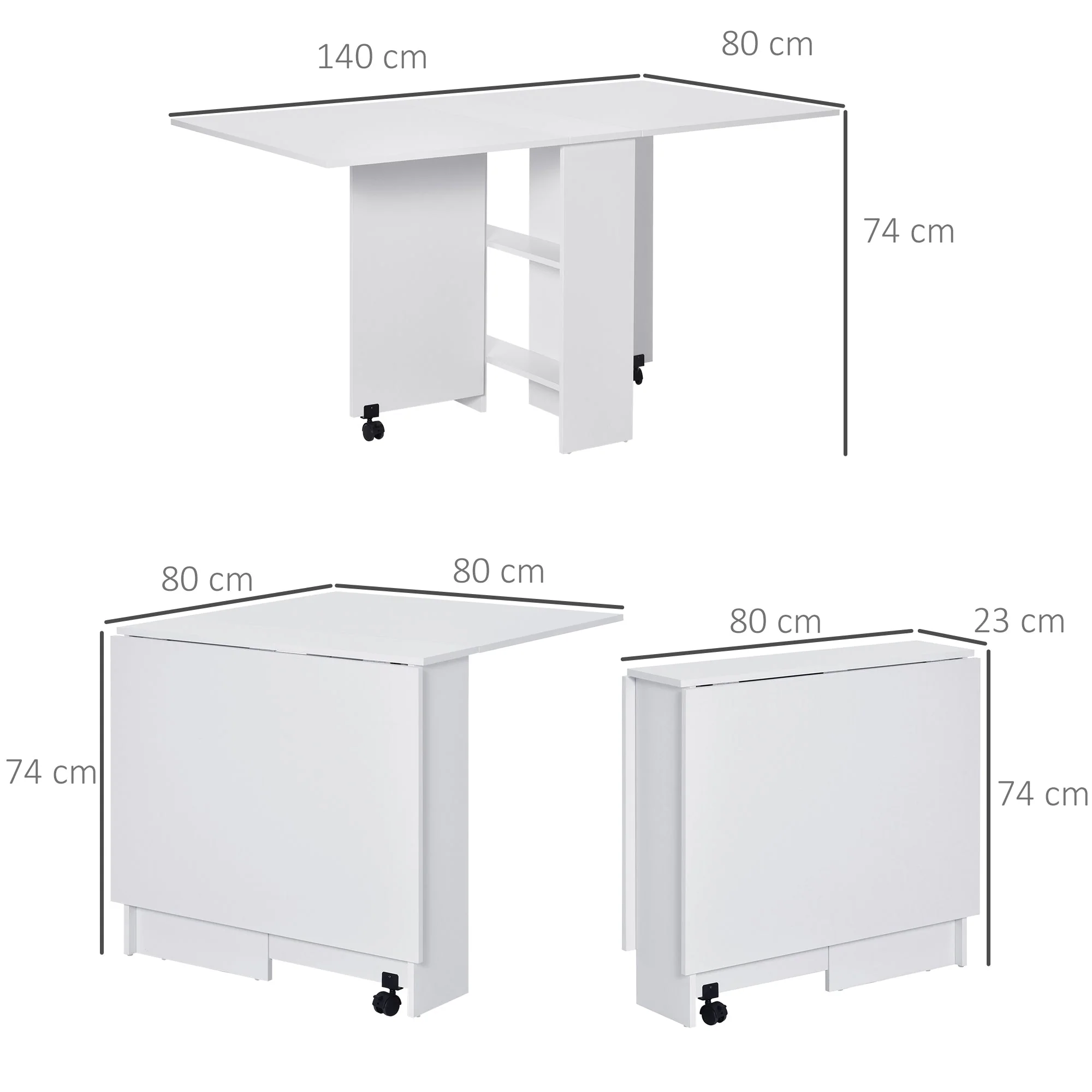 Homcom Mobile Drop Leaf Dining Kitchen Table Folding Desk For Small Spaces With 2 Wheels & 2 Storage Shelves White - Image 3