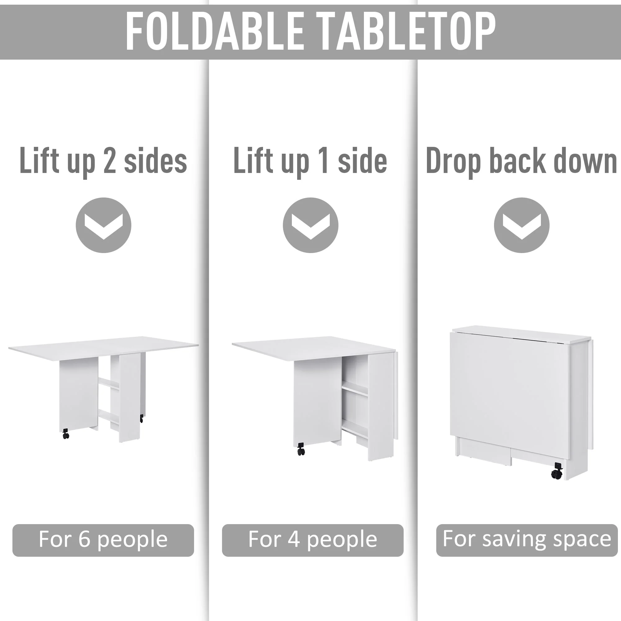 Homcom Mobile Drop Leaf Dining Kitchen Table Folding Desk For Small Spaces With 2 Wheels & 2 Storage Shelves White - Image 4