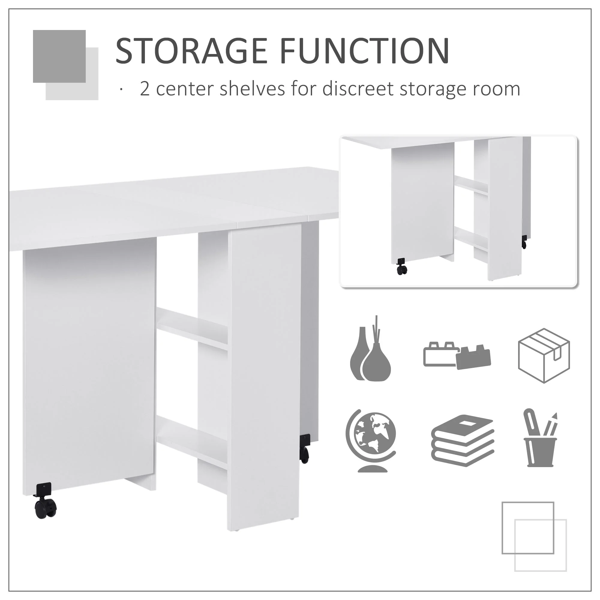 Homcom Mobile Drop Leaf Dining Kitchen Table Folding Desk For Small Spaces With 2 Wheels & 2 Storage Shelves White - Image 5