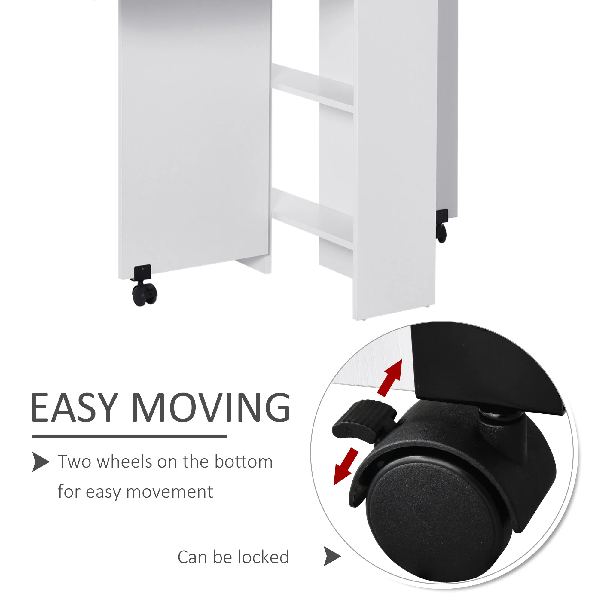 Homcom Mobile Drop Leaf Dining Kitchen Table Folding Desk For Small Spaces With 2 Wheels & 2 Storage Shelves White - Image 6