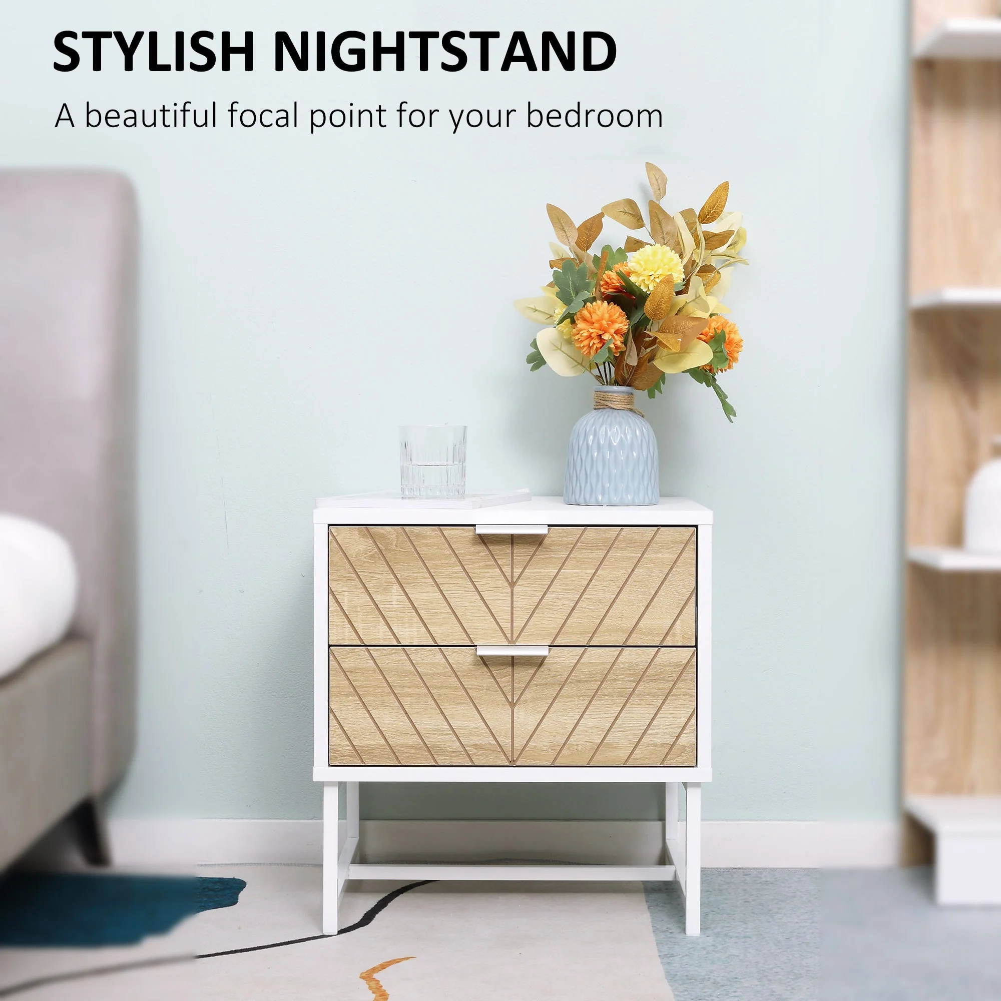 Homcom Modern Bedside Table With 2 Drawers Sofa Side Table For Bedroom White And Oak - Image 4