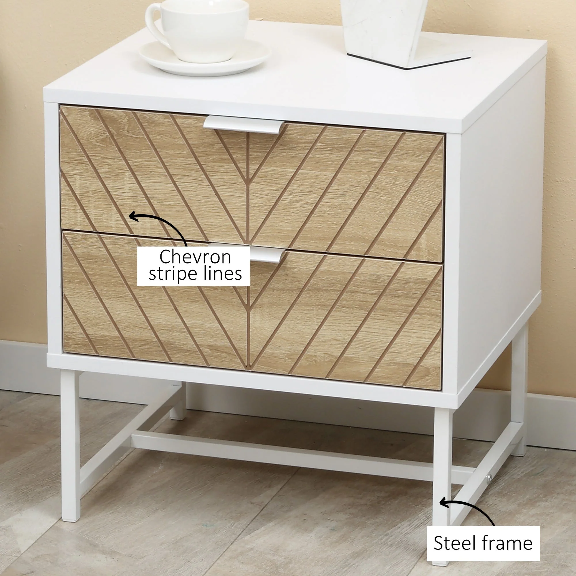 Homcom Modern Bedside Table With 2 Drawers Sofa Side Table For Bedroom White And Oak - Image 6