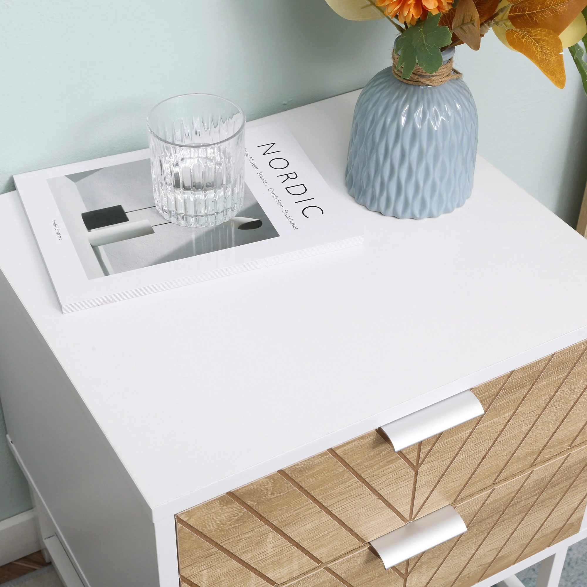 Homcom Modern Bedside Table With 2 Drawers Sofa Side Table For Bedroom White And Oak - Image 7