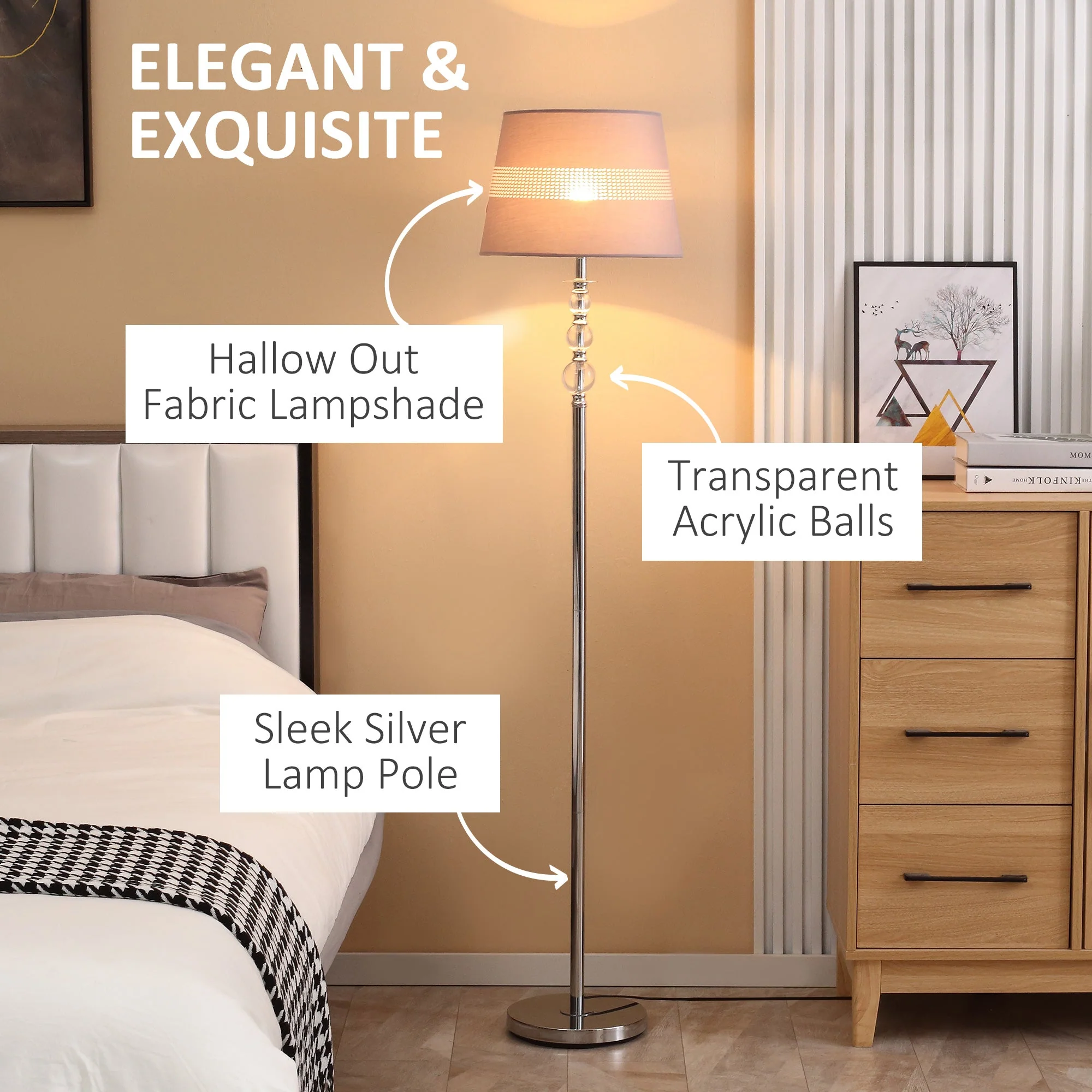 Homcom Modern Floor Lamp With Fabric Shade And Chrome Base Elegant Decoration For Study - Image 4