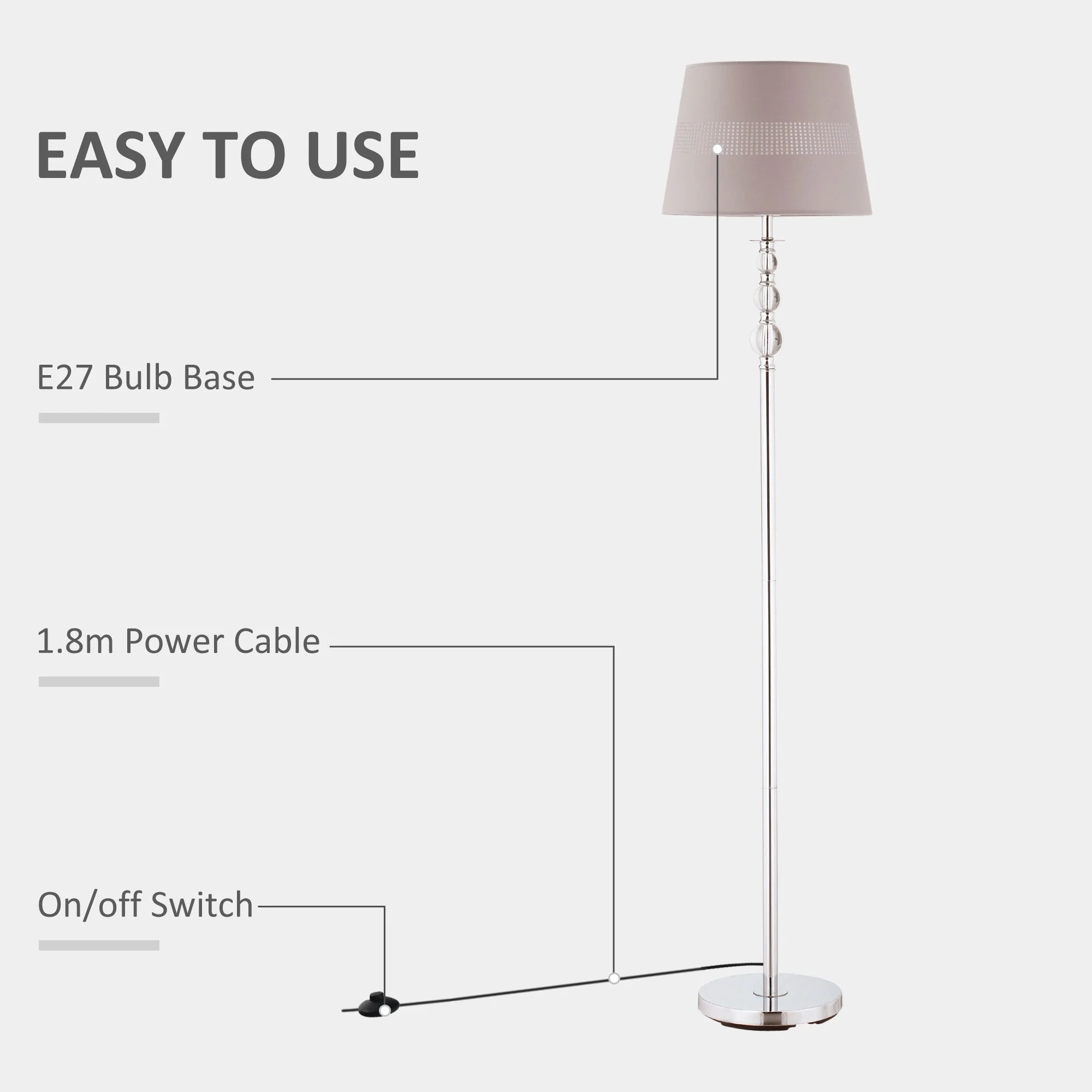 Homcom Modern Floor Lamp With Fabric Shade And Chrome Base Elegant Decoration For Study - Image 5