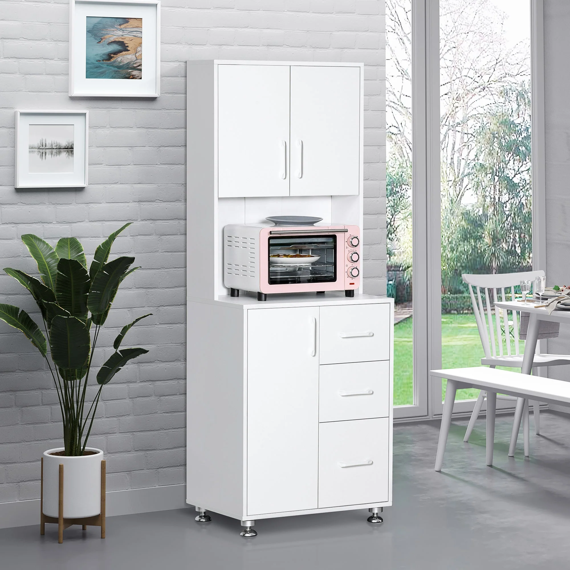 Homcom Modern Kitchen Cupboard With Storage Cabinets 3 Drawers And Open Countertop For Living Room White - Image 2