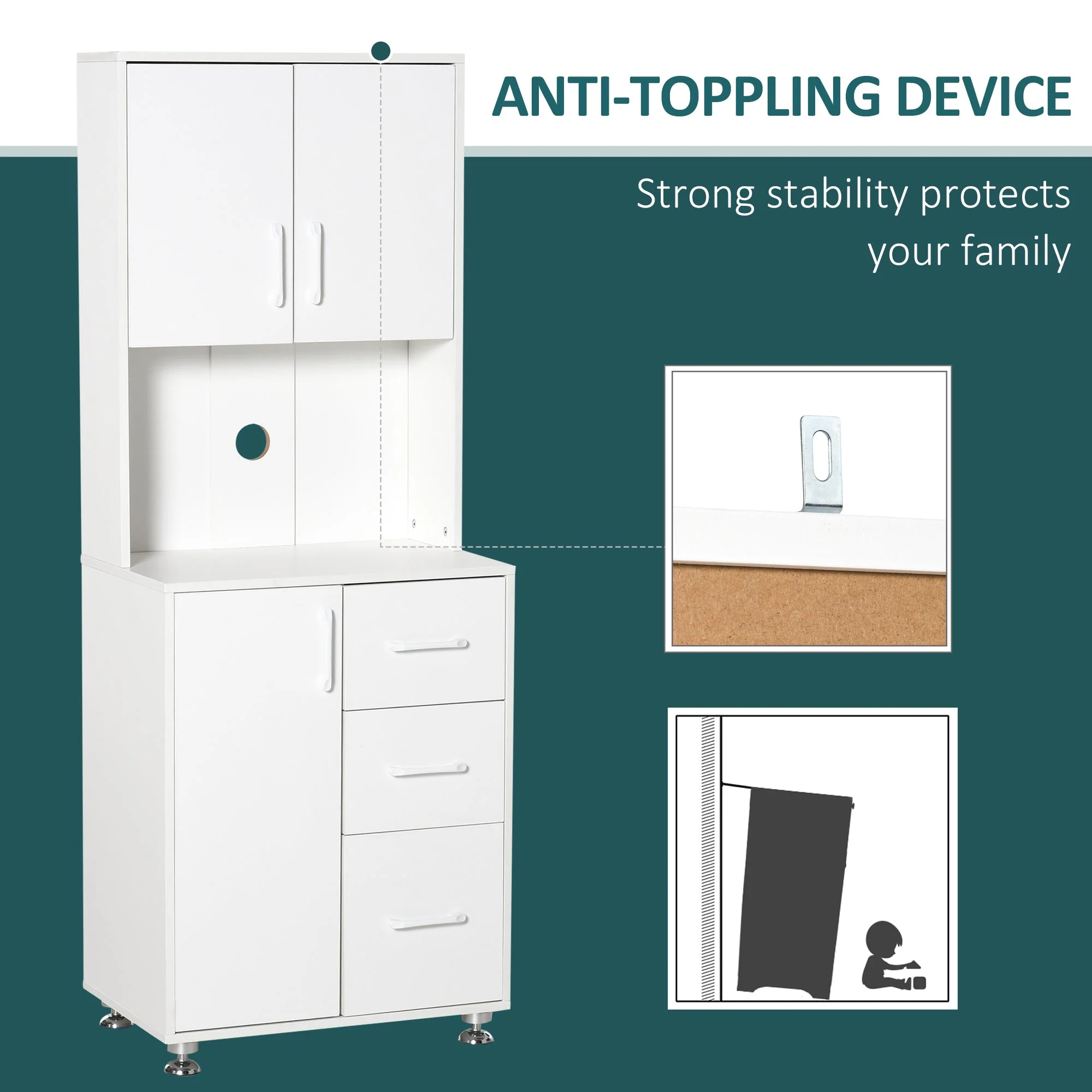 Homcom Modern Kitchen Cupboard With Storage Cabinets 3 Drawers And Open Countertop For Living Room White - Image 4