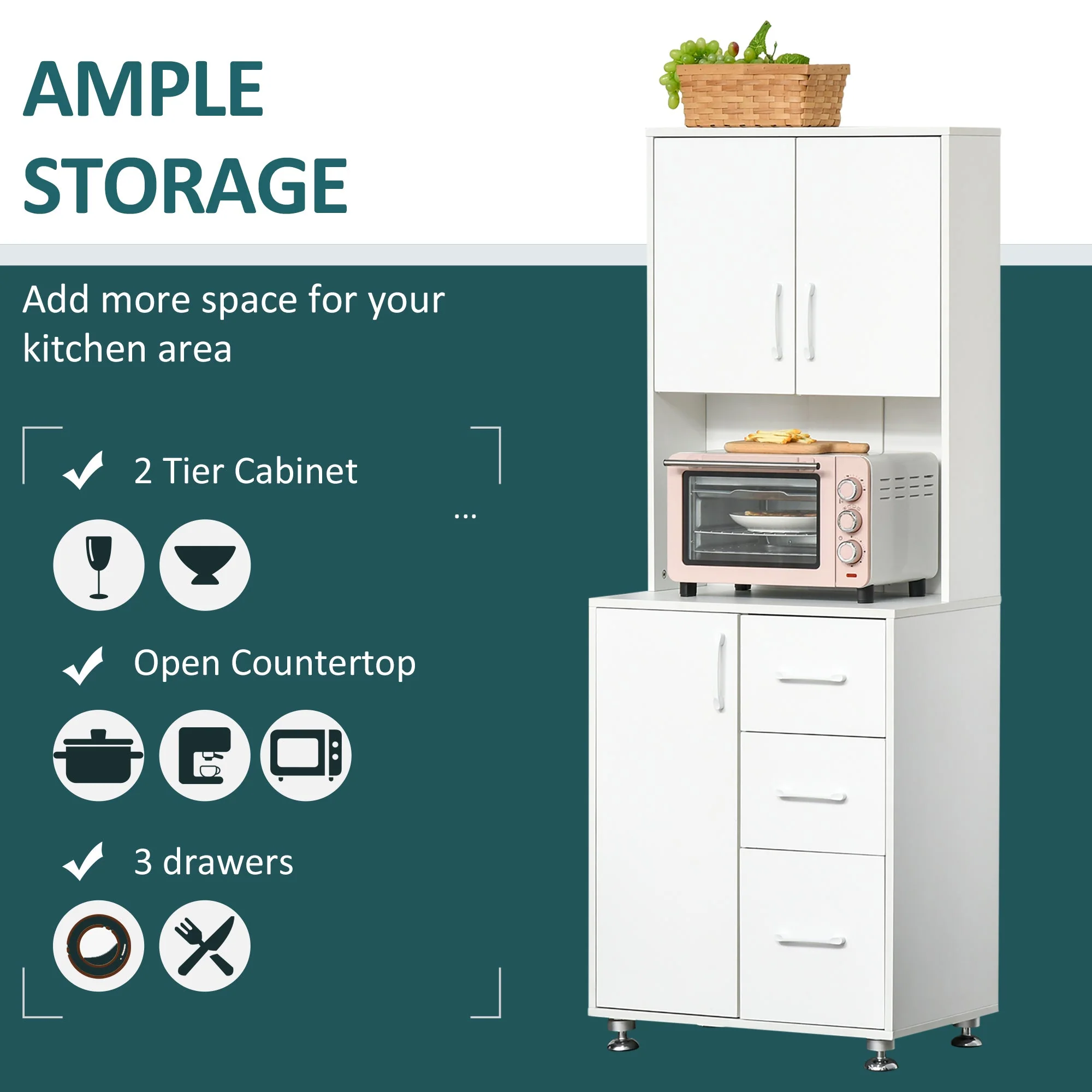 Homcom Modern Kitchen Cupboard With Storage Cabinets 3 Drawers And Open Countertop For Living Room White - Image 5