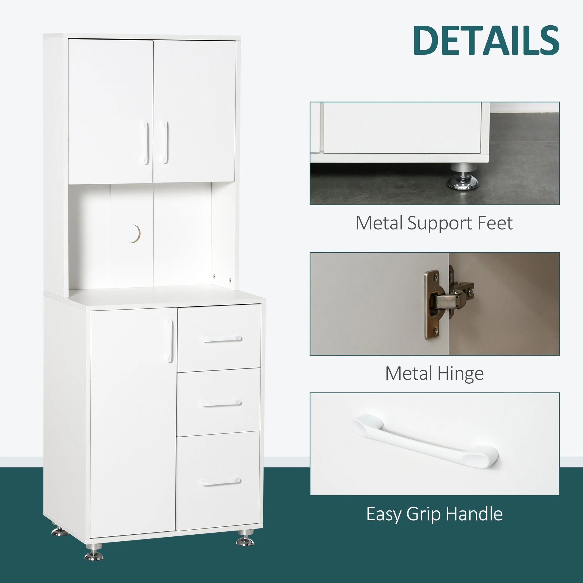 Homcom Modern Kitchen Cupboard With Storage Cabinets 3 Drawers And Open Countertop For Living Room White - Image 7