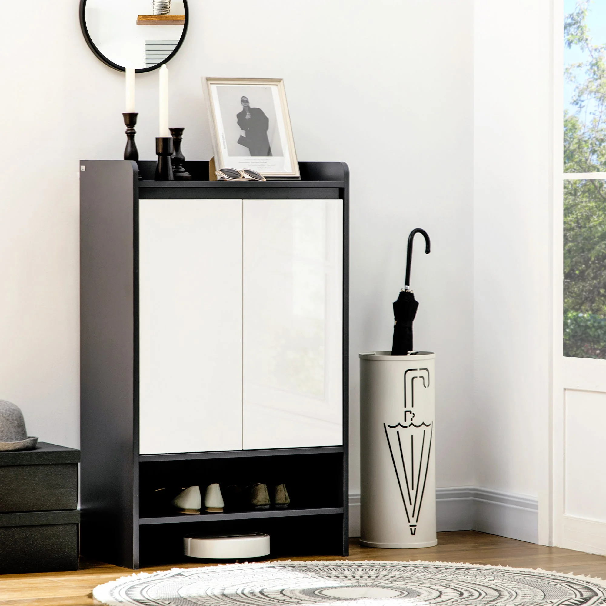Homcom Modern Shoe Cabinet With High Gloss White Doors And Open Shelves - Image 2