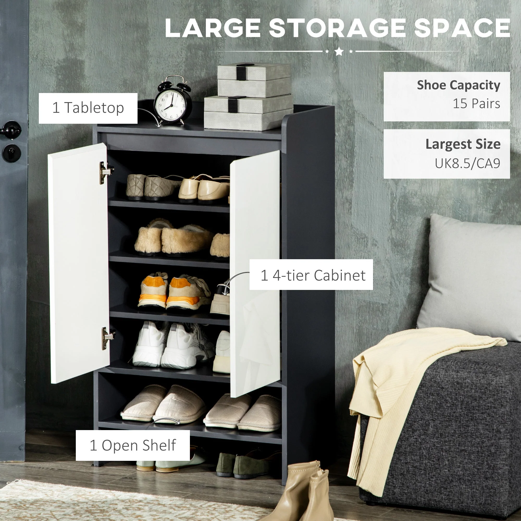 Homcom Modern Shoe Cabinet With High Gloss White Doors And Open Shelves - Image 4