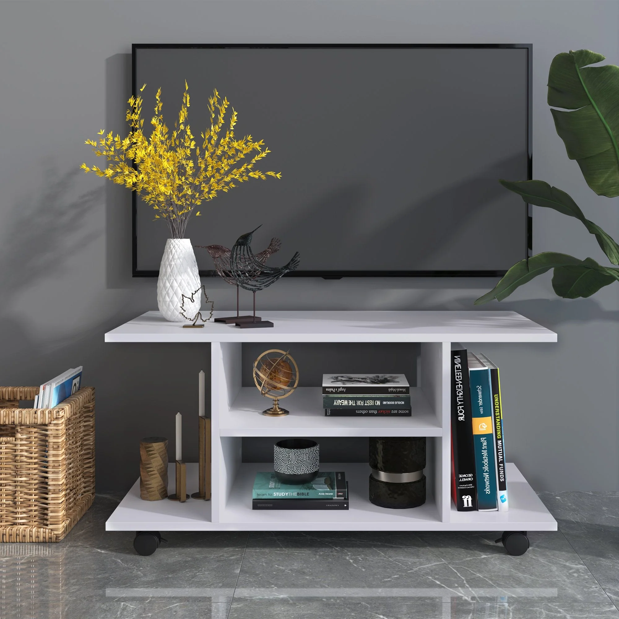 Homcom Modern TV Cabinet Stand Storage Shelves Table Mobile Bedroom Furniture Bookshelf Bookcase White New - Image 2