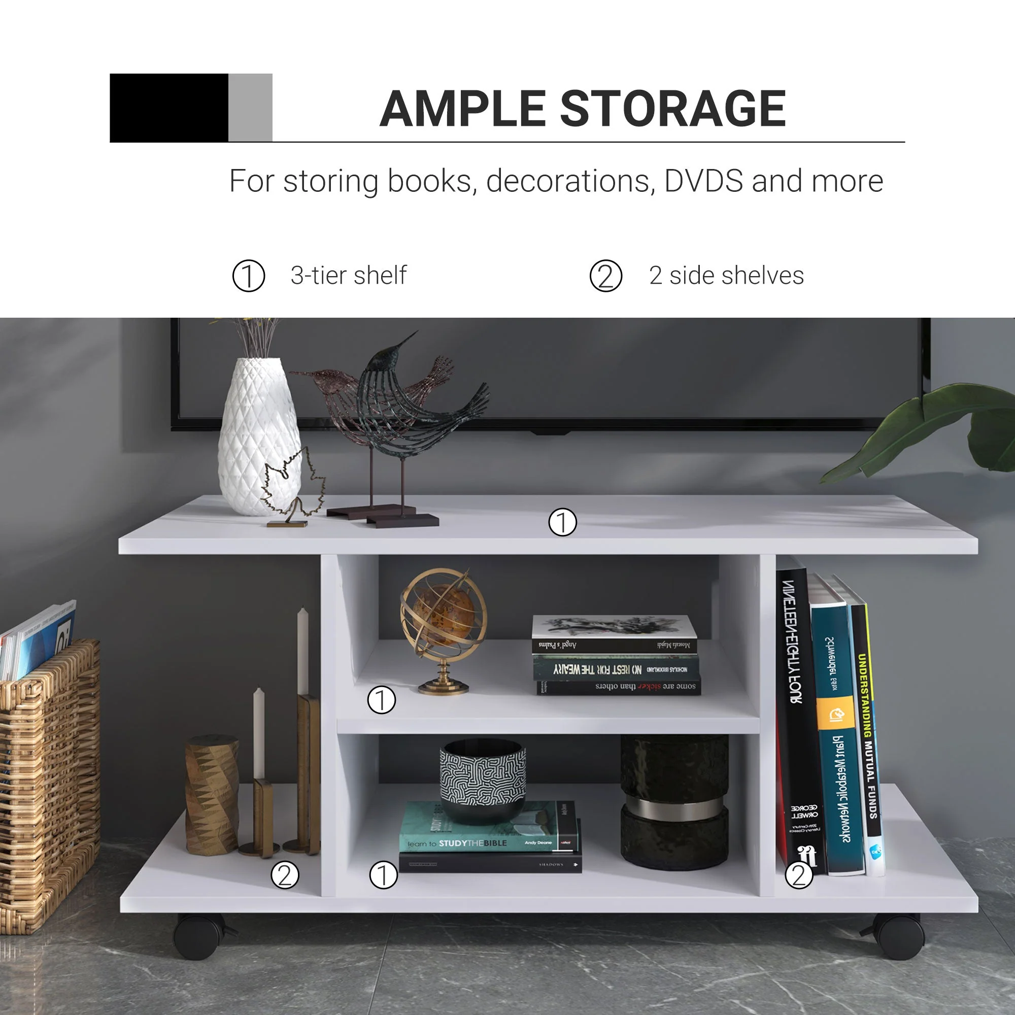 Homcom Modern TV Cabinet Stand Storage Shelves Table Mobile Bedroom Furniture Bookshelf Bookcase White New - Image 4