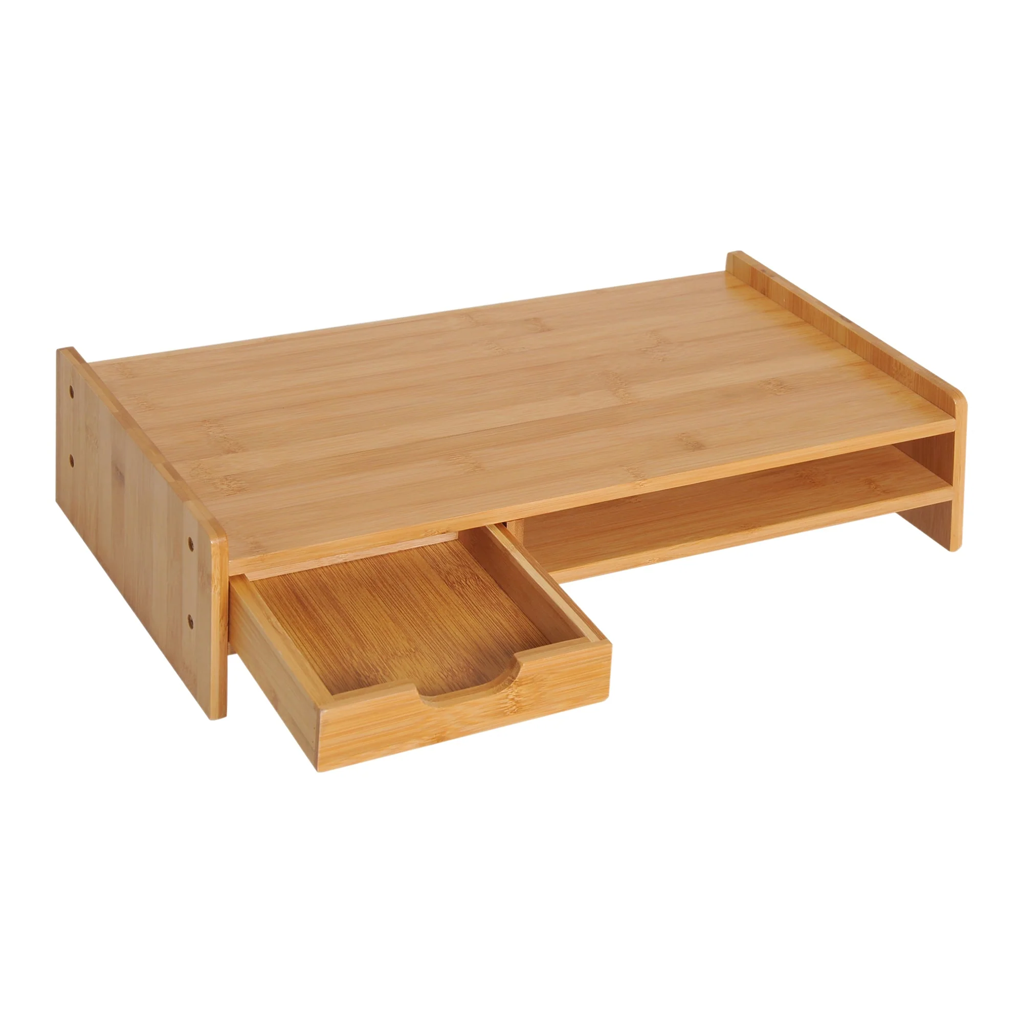 Homcom Monitor Riser Laptop Pc Plinth Stand Tv Computer Desktop Organiser With Drawer Bamboo - Image 2