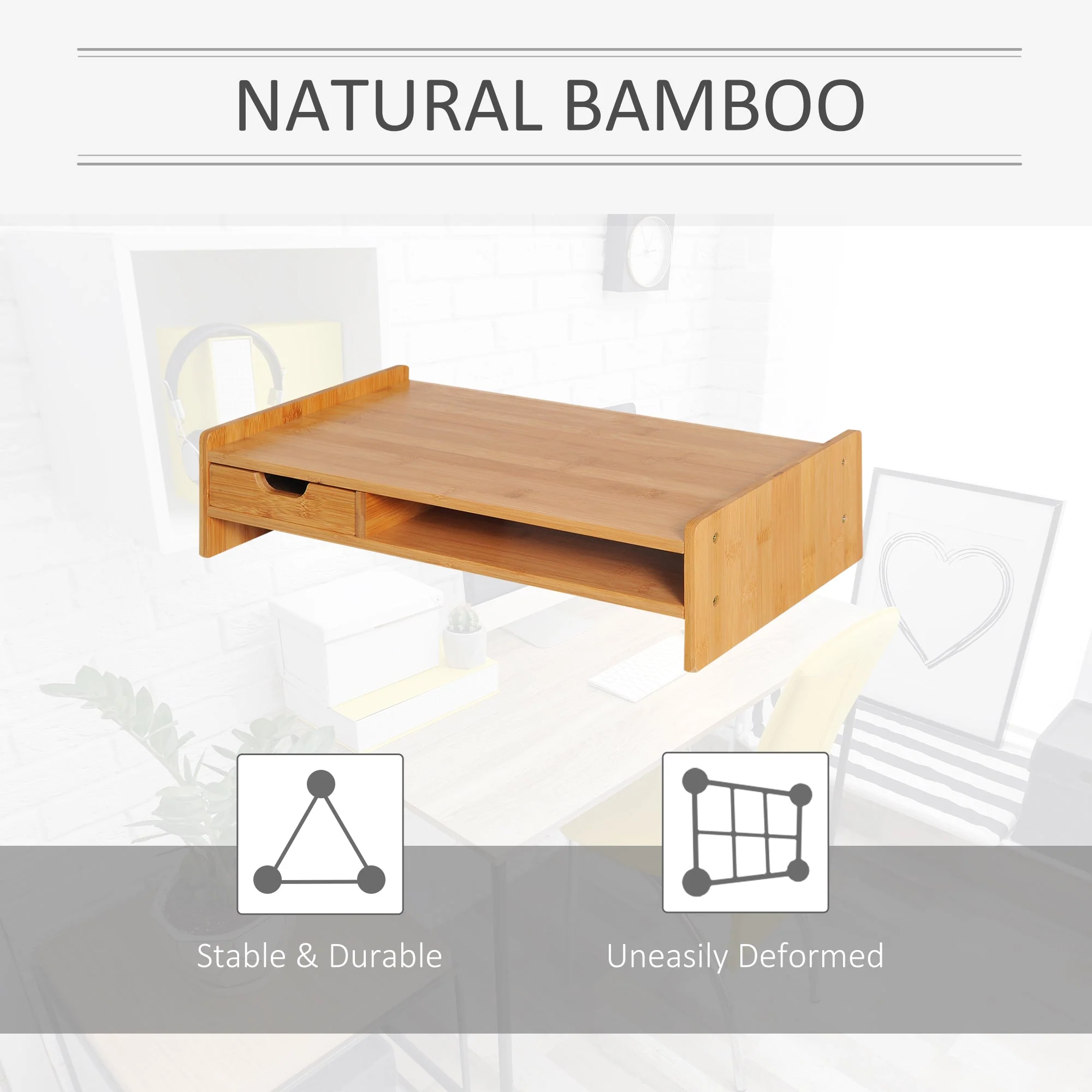 Homcom Monitor Riser Laptop Pc Plinth Stand Tv Computer Desktop Organiser With Drawer Bamboo - Image 6