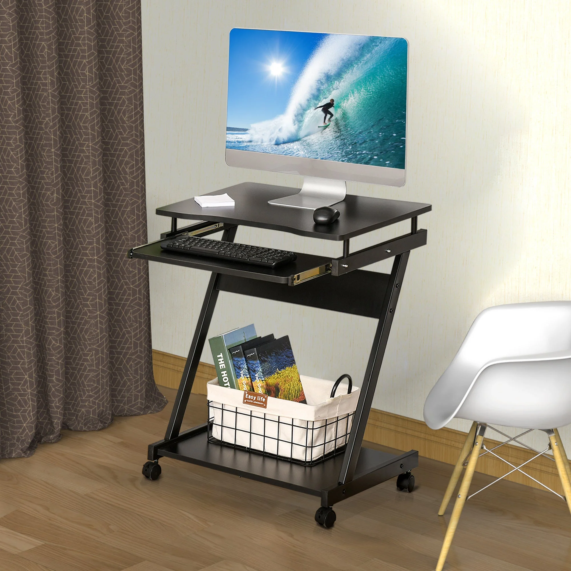 Homcom Movable Computer Desk With 4 Moving Wheels Sliding Keyboard Tray Home Office Workstation Black - Image 2