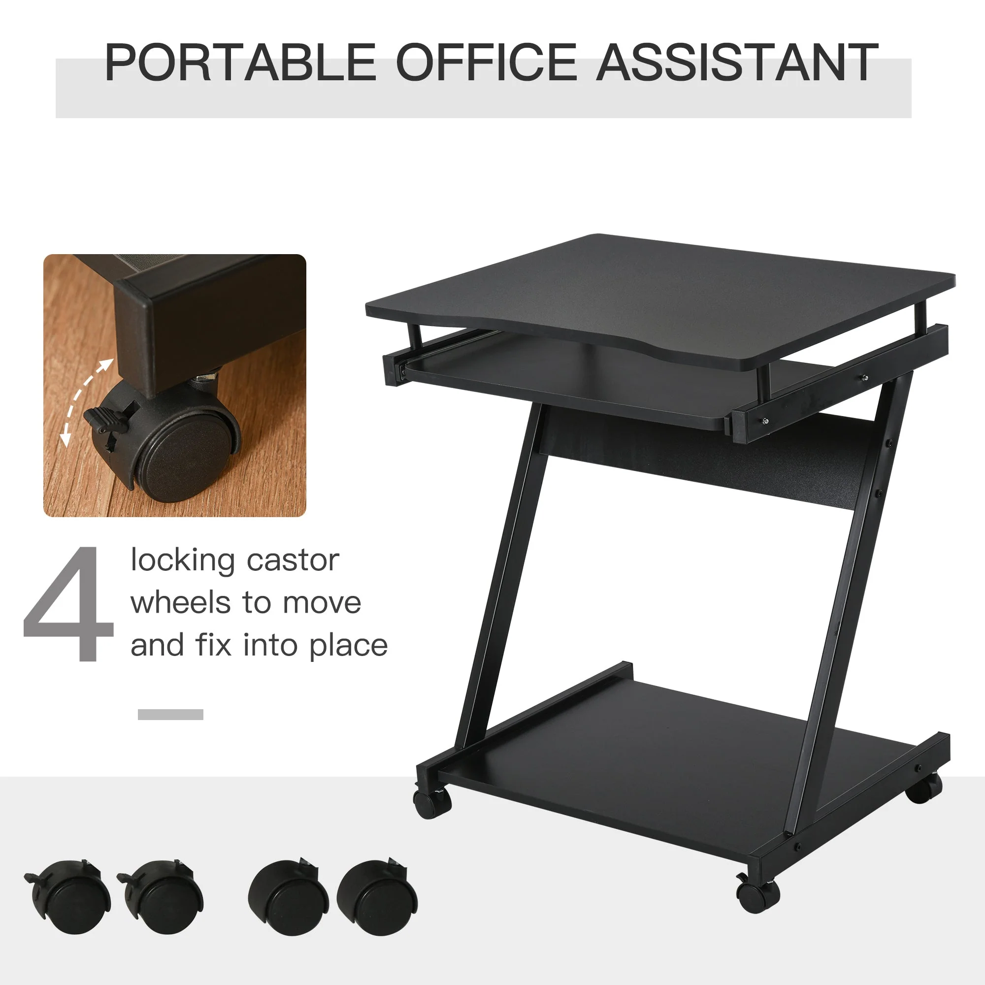 Homcom Movable Computer Desk With 4 Moving Wheels Sliding Keyboard Tray Home Office Workstation Black - Image 5