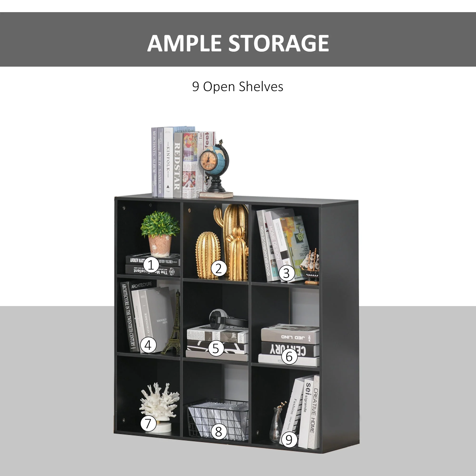 Homcom Nine-Cube Compact Shelving Unit - Black - Image 5