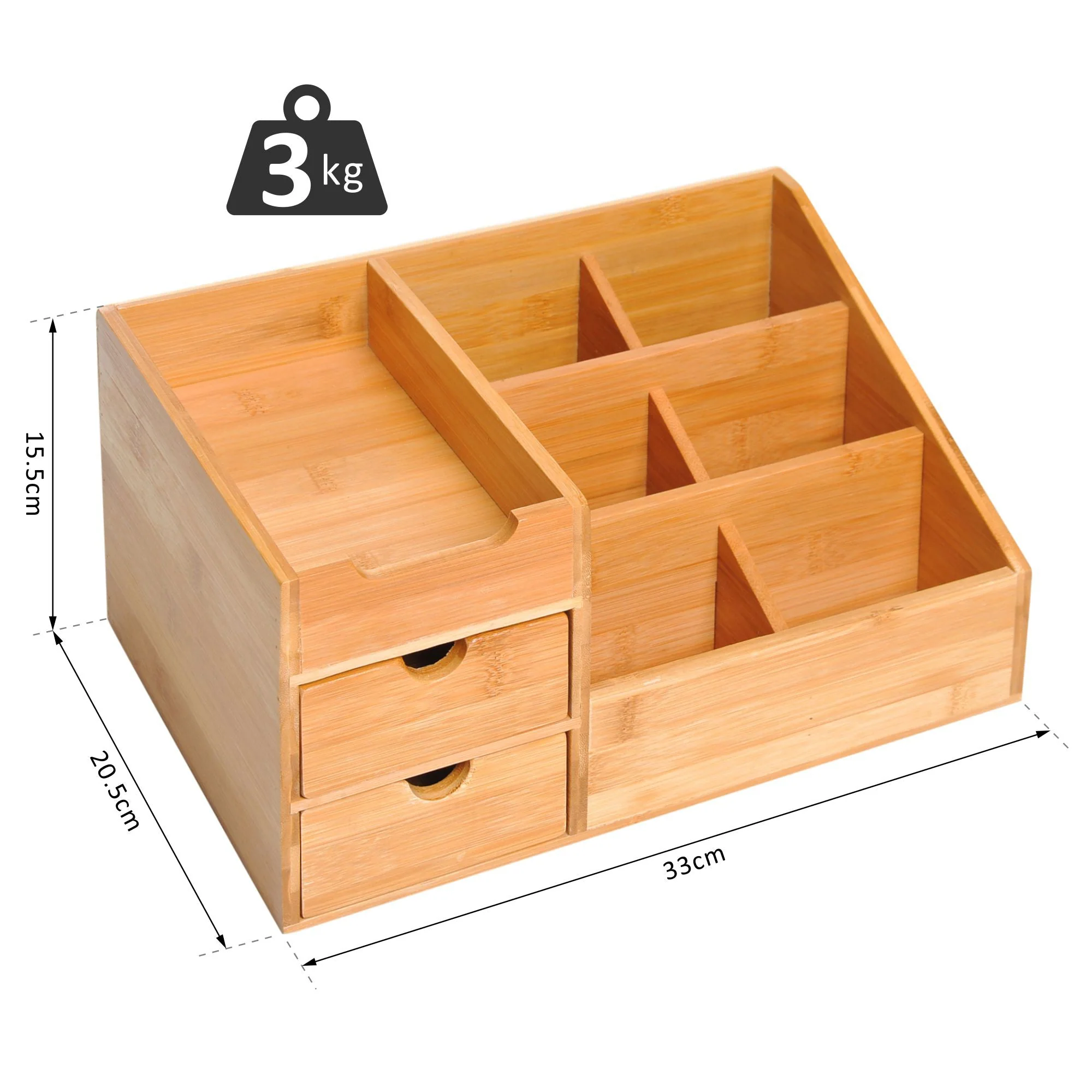 Homcom Organiser Holder Multi-Function Storage Caddy Drawers Home Office Stationary Supplies 7 Storage Compartments And 2 Drawers Natural Wood - Image 3