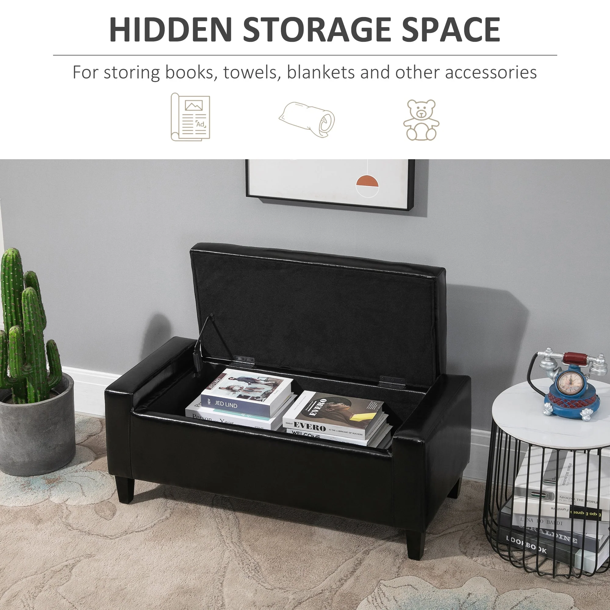 Homcom PU Leather Storage Ottoman Bench Storage Chest Tufted Ottoman Cube w/ Flipping Top 92L x 40W x 40H cm Black - Image 4