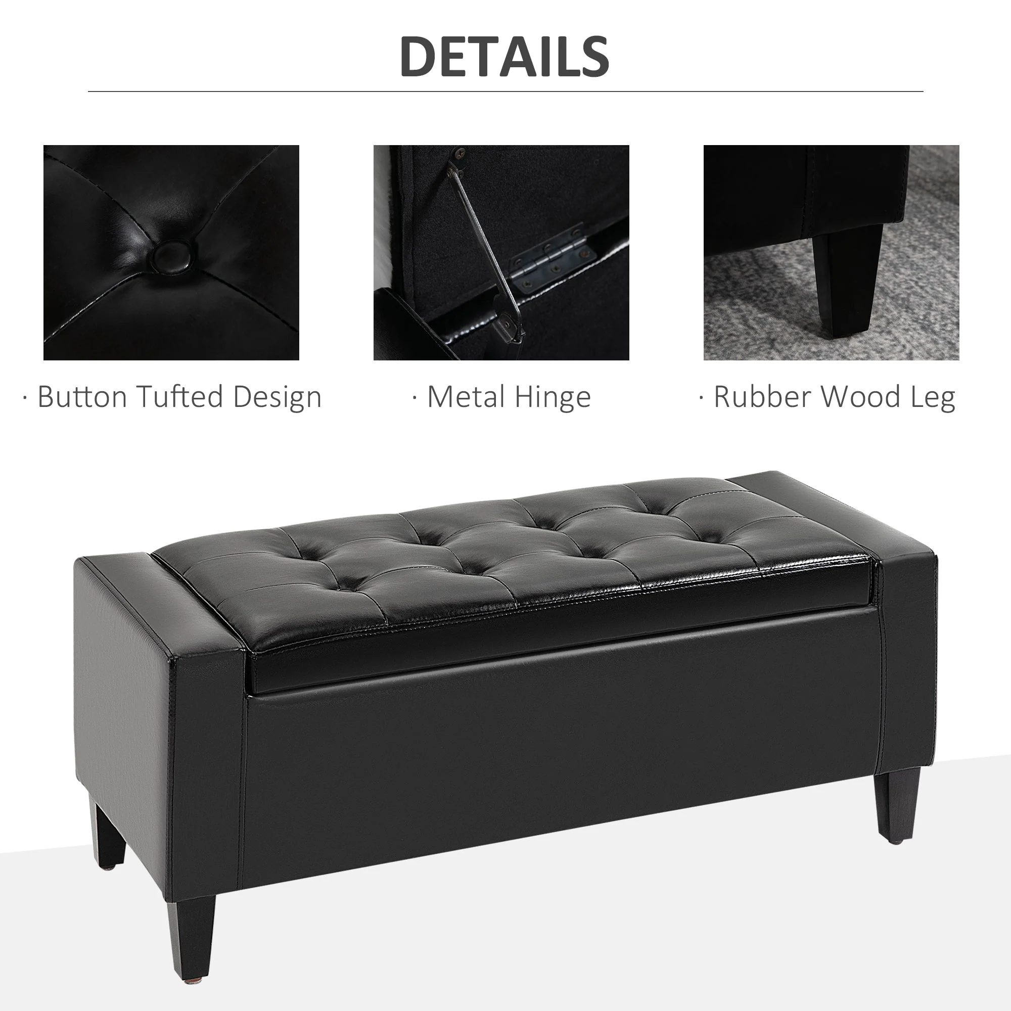 Homcom PU Leather Storage Ottoman Bench Storage Chest Tufted Ottoman Cube w/ Flipping Top 92L x 40W x 40H cm Black - Image 5