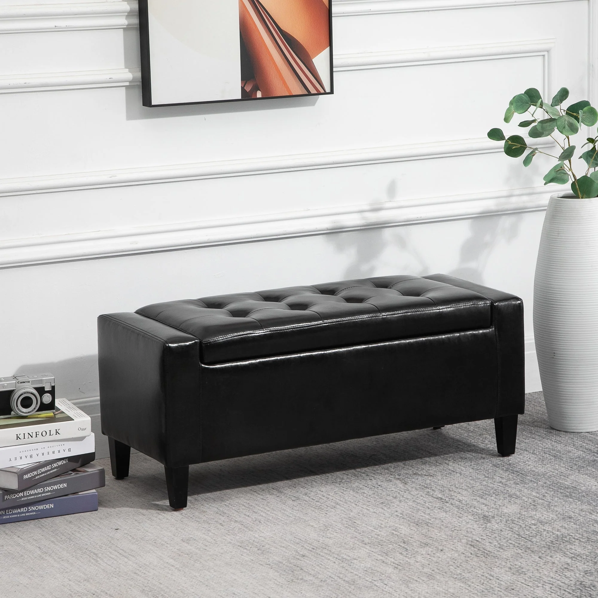 Homcom PU Leather Storage Ottoman Bench Storage Chest Tufted Ottoman Cube w/ Flipping Top 92L x 40W x 40H cm Black - Image 6