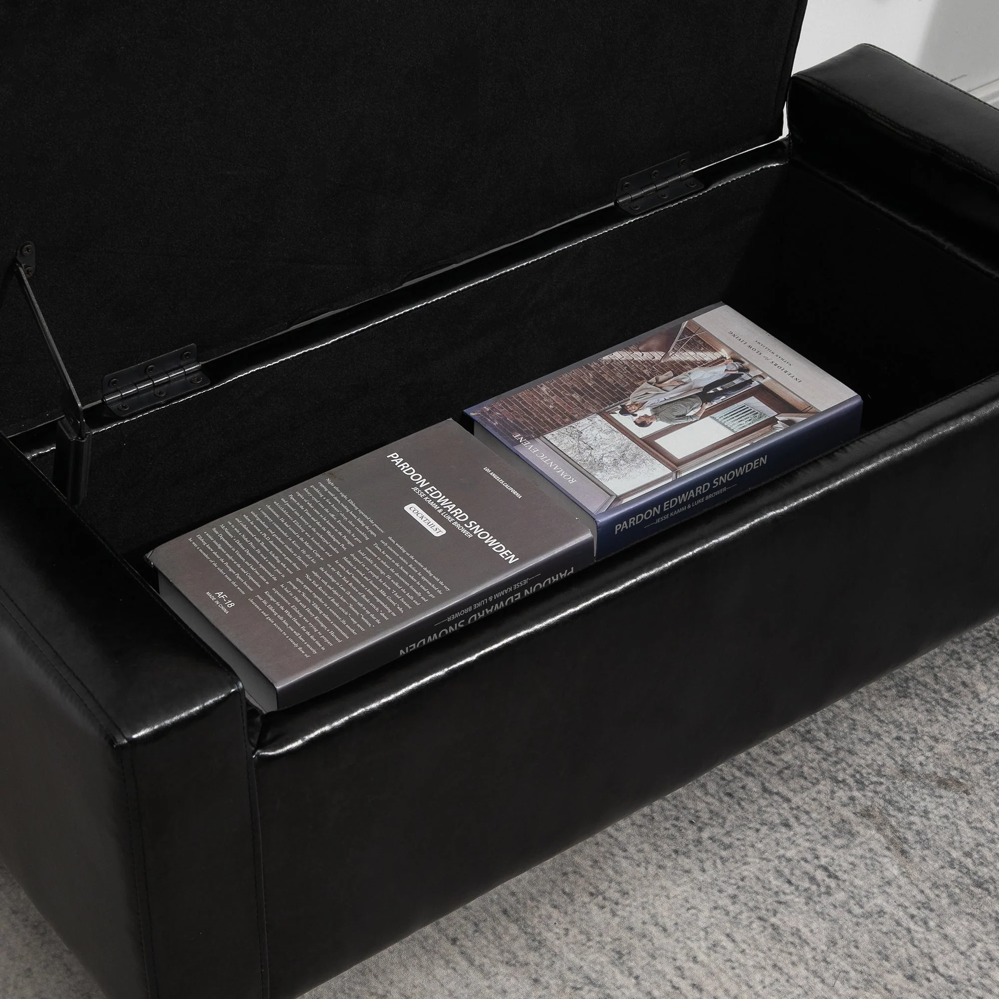 Homcom PU Leather Storage Ottoman Bench Storage Chest Tufted Ottoman Cube w/ Flipping Top 92L x 40W x 40H cm Black - Image 8