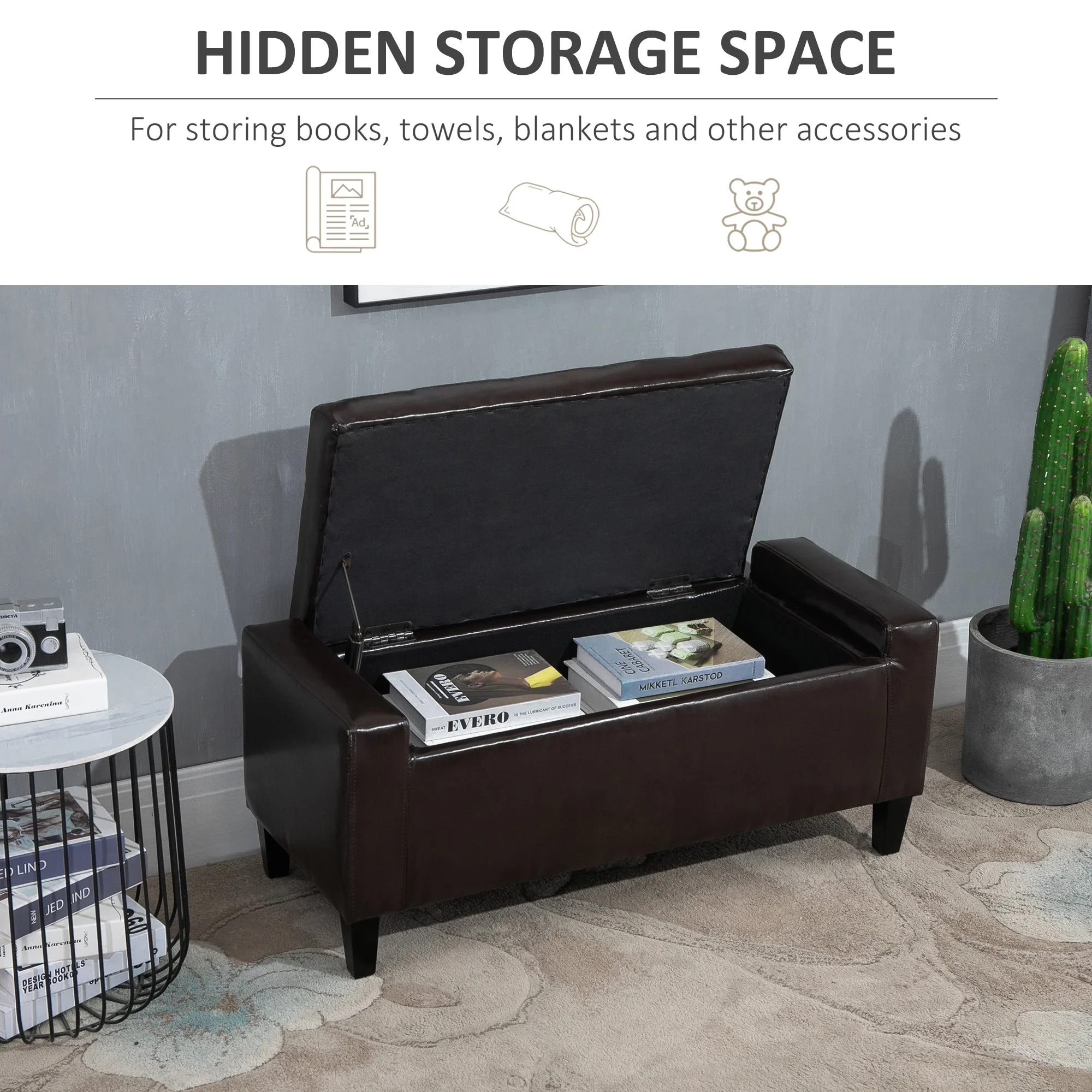 Homcom Pu Leather Storage Ottoman Bench Storage Chest Tufted Ottoman Cube With Flipping Top 92L X 40W X 40H cm Brown - Image 3