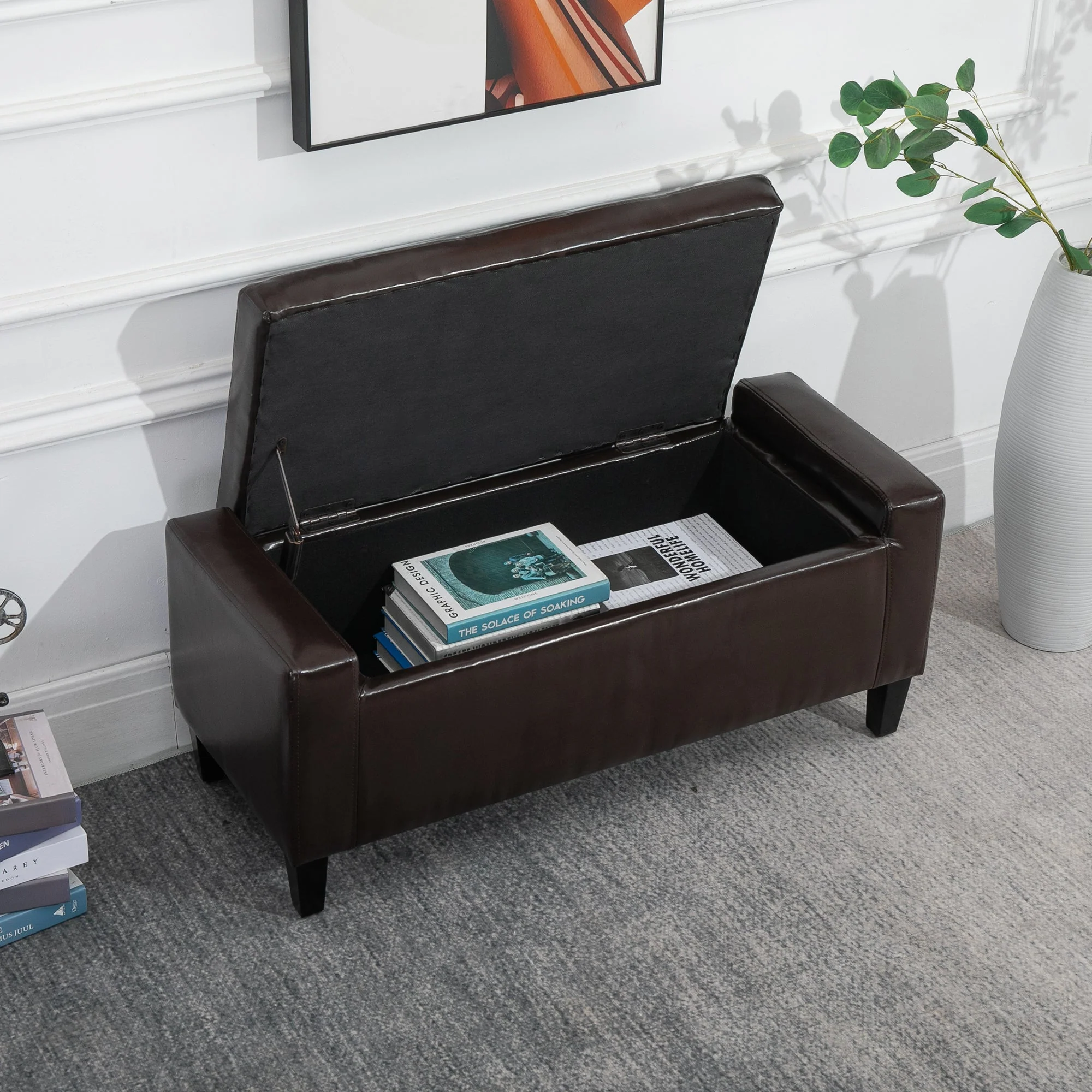 Homcom Pu Leather Storage Ottoman Bench Storage Chest Tufted Ottoman Cube With Flipping Top 92L X 40W X 40H cm Brown - Image 6