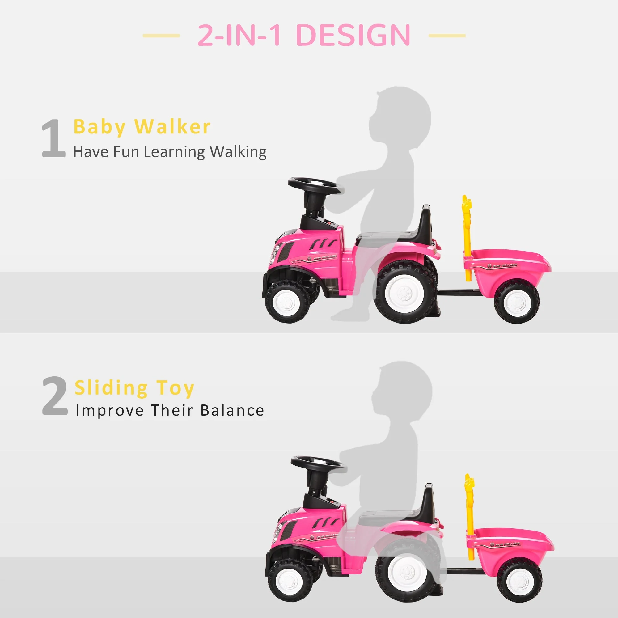 Homcom Ride-On Tractor Toddler Walker Foot-To-Floor Slide For Ages 1-3 Years - Pink - Image 3