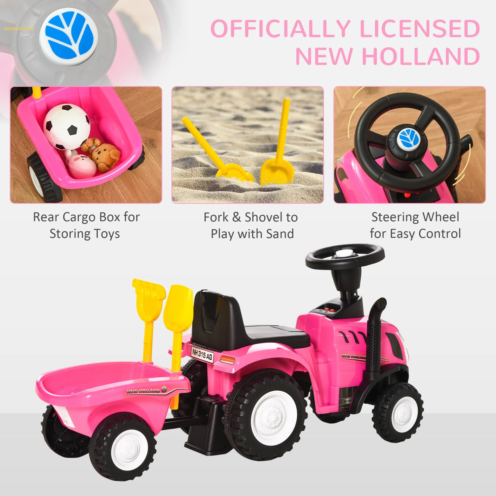 Homcom Ride-On Tractor Toddler Walker Foot-To-Floor Slide For Ages 1-3 Years - Pink - Image 6