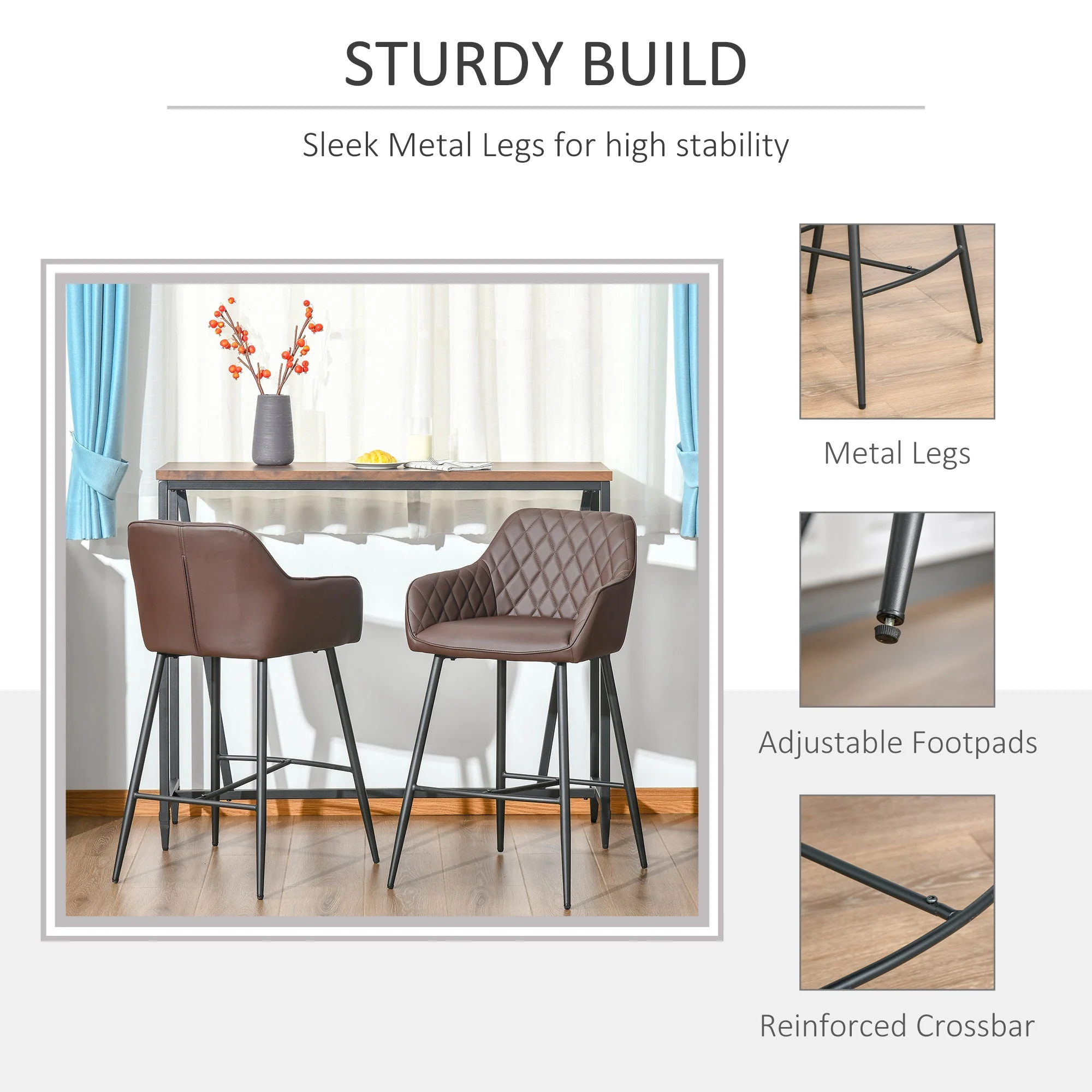 Homcom Set Of 2 Bar Stools Retro Pu Leather Bar Chairs W/ Footrest Metal Frame Comfort Support Stylish Dining Seating Home Brown - Image 5