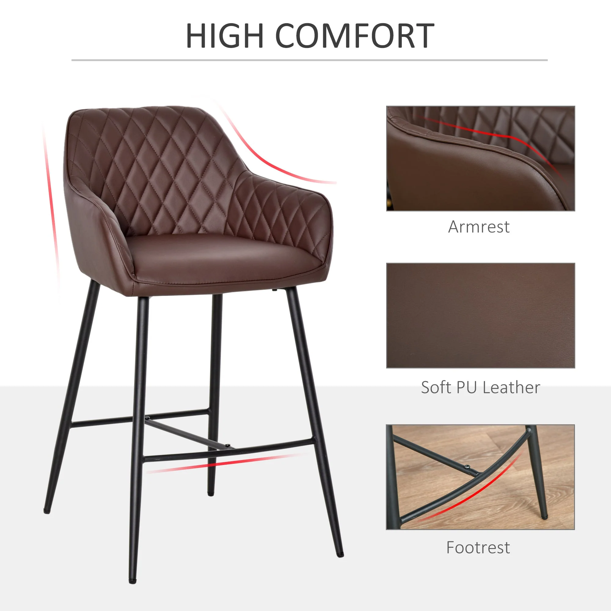 Homcom Set Of 2 Bar Stools Retro Pu Leather Bar Chairs W/ Footrest Metal Frame Comfort Support Stylish Dining Seating Home Brown - Image 6