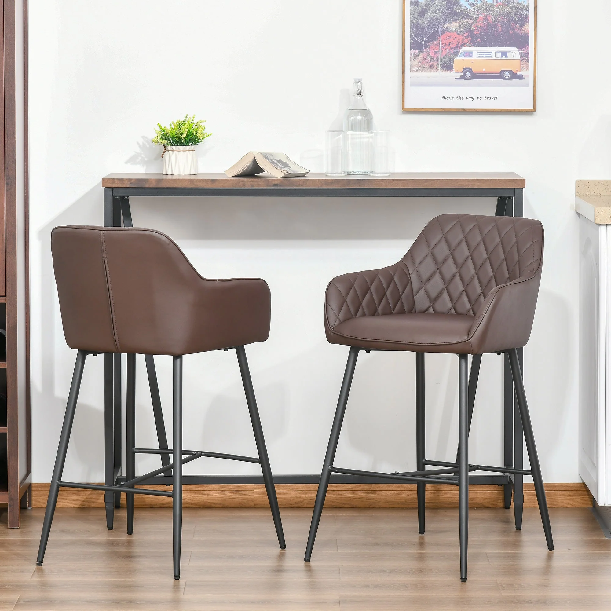 Homcom Set Of 2 Bar Stools Retro Pu Leather Bar Chairs W/ Footrest Metal Frame Comfort Support Stylish Dining Seating Home Brown - Image 7