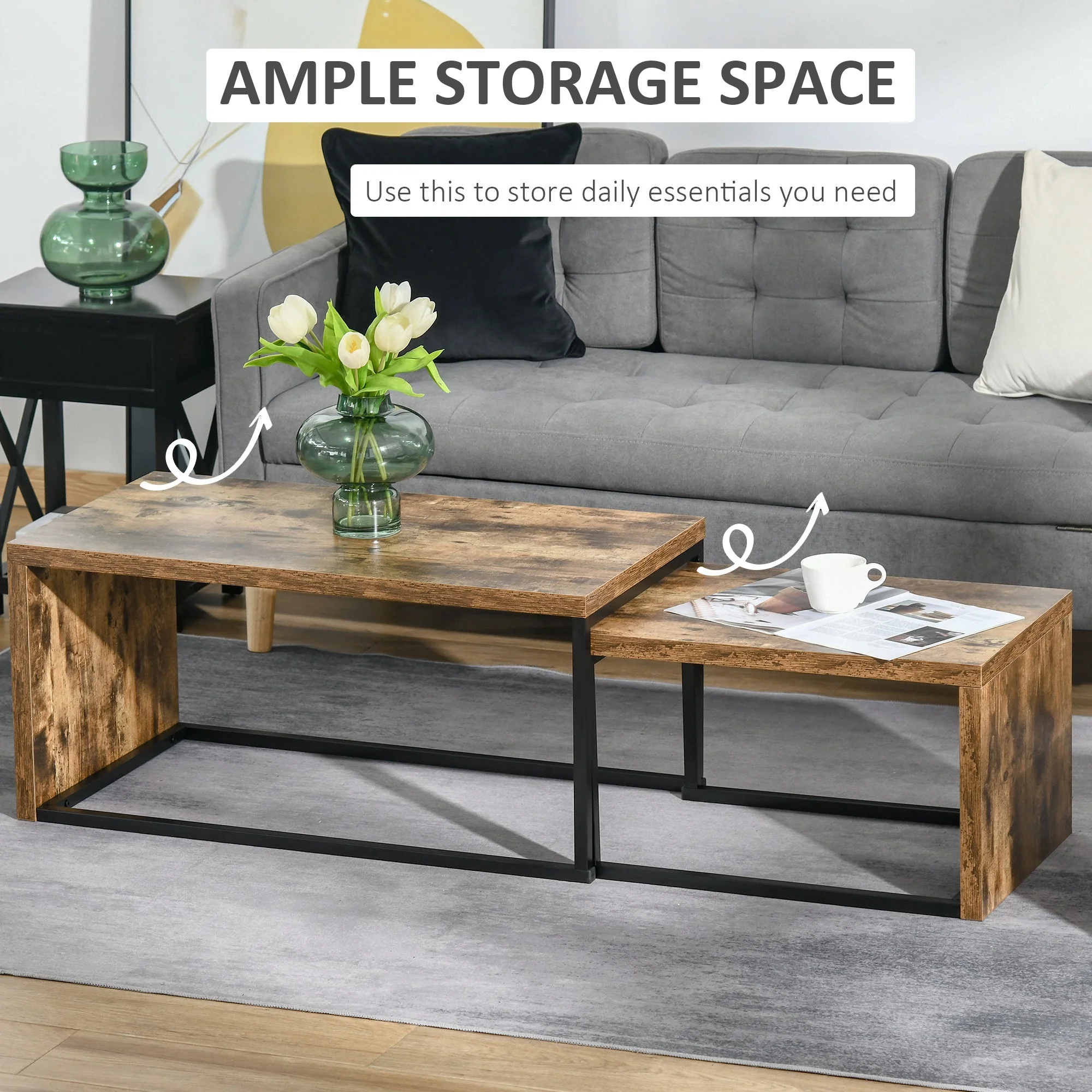 Homcom Set Of 2 Coffee Tables Industrial Style Tea Table - Image 4