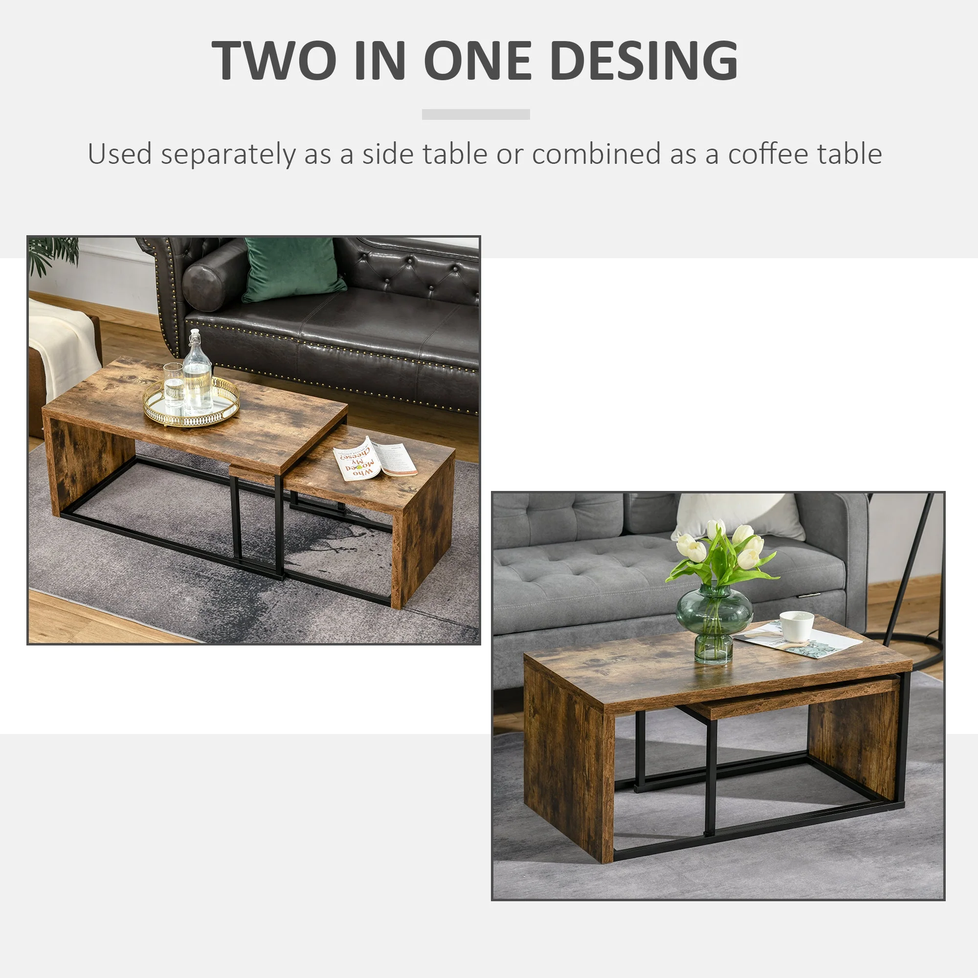 Homcom Set Of 2 Coffee Tables Industrial Style Tea Table - Image 7