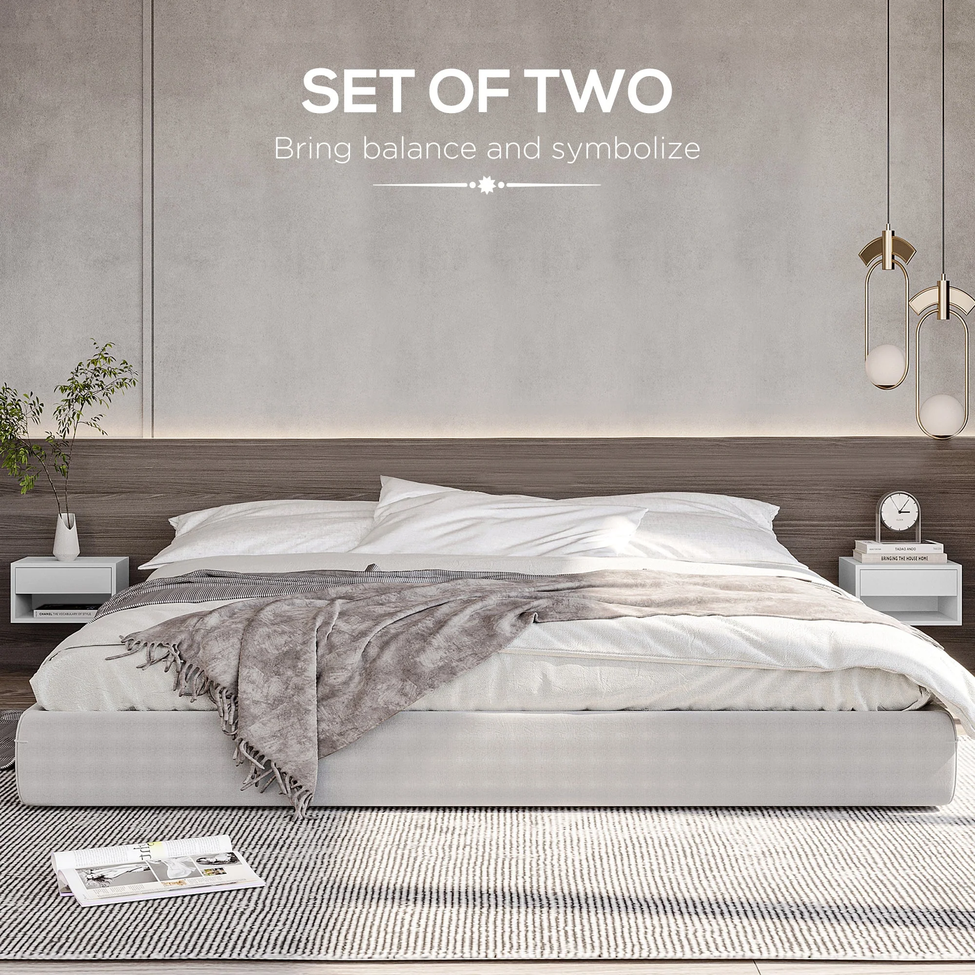 Homcom Set of Two Floating Bedside Tables - High Gloss White - Image 3