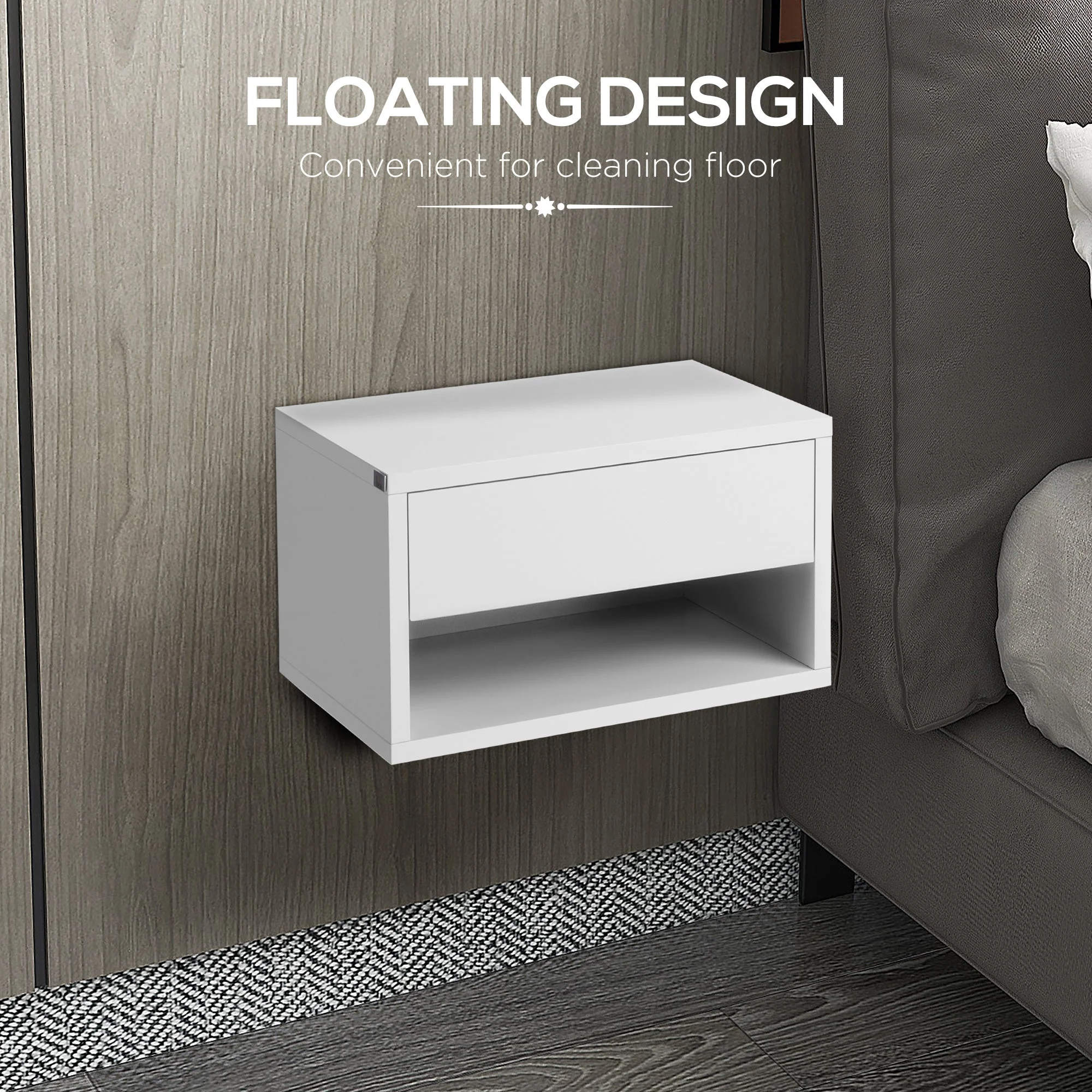 Homcom Set of Two Floating Bedside Tables - High Gloss White - Image 4