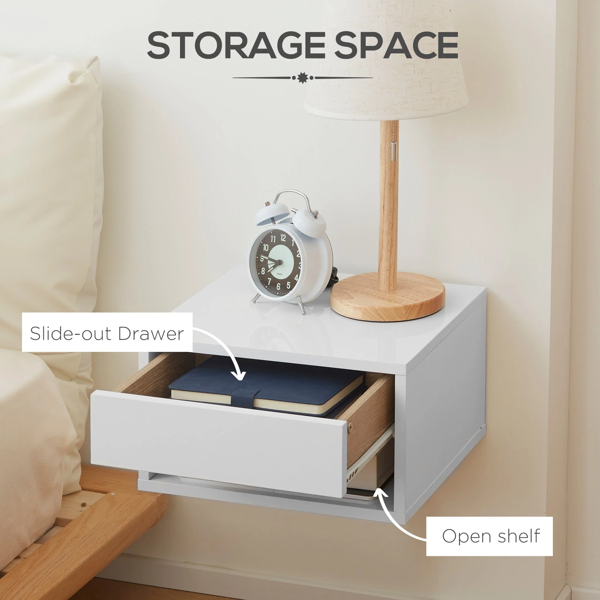 Homcom Set of Two Floating Bedside Tables - High Gloss White - Image 5