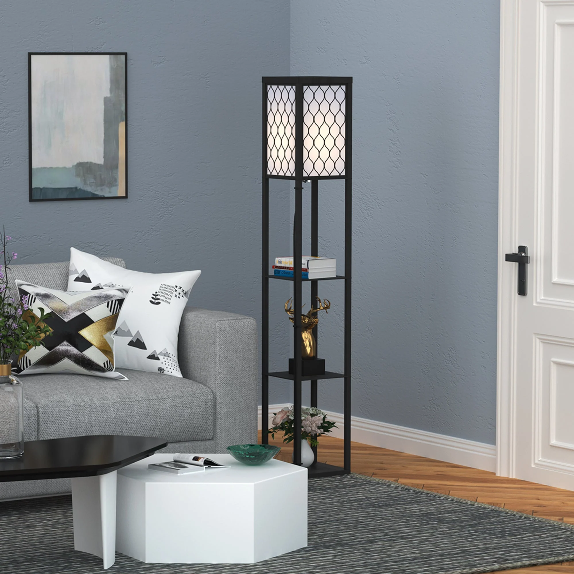 Homcom Shelf Floor Lamp Standing Lamp With4-Tier Wooden Open Shelves26L X 26W X 160H cm-Black/White - Image 2