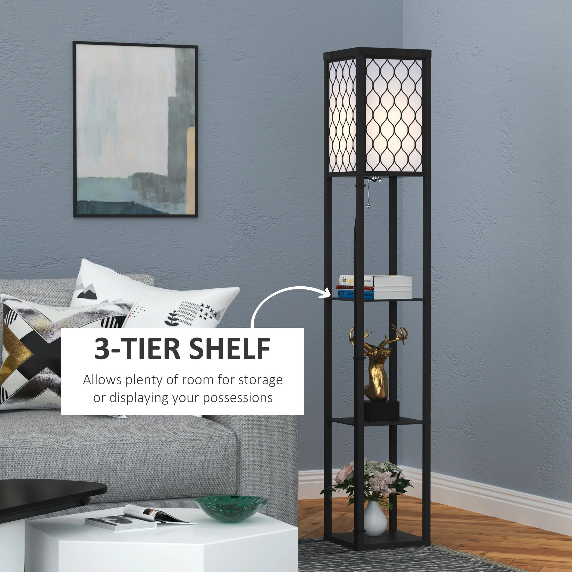 Homcom Shelf Floor Lamp Standing Lamp With4-Tier Wooden Open Shelves26L X 26W X 160H cm-Black/White - Image 6